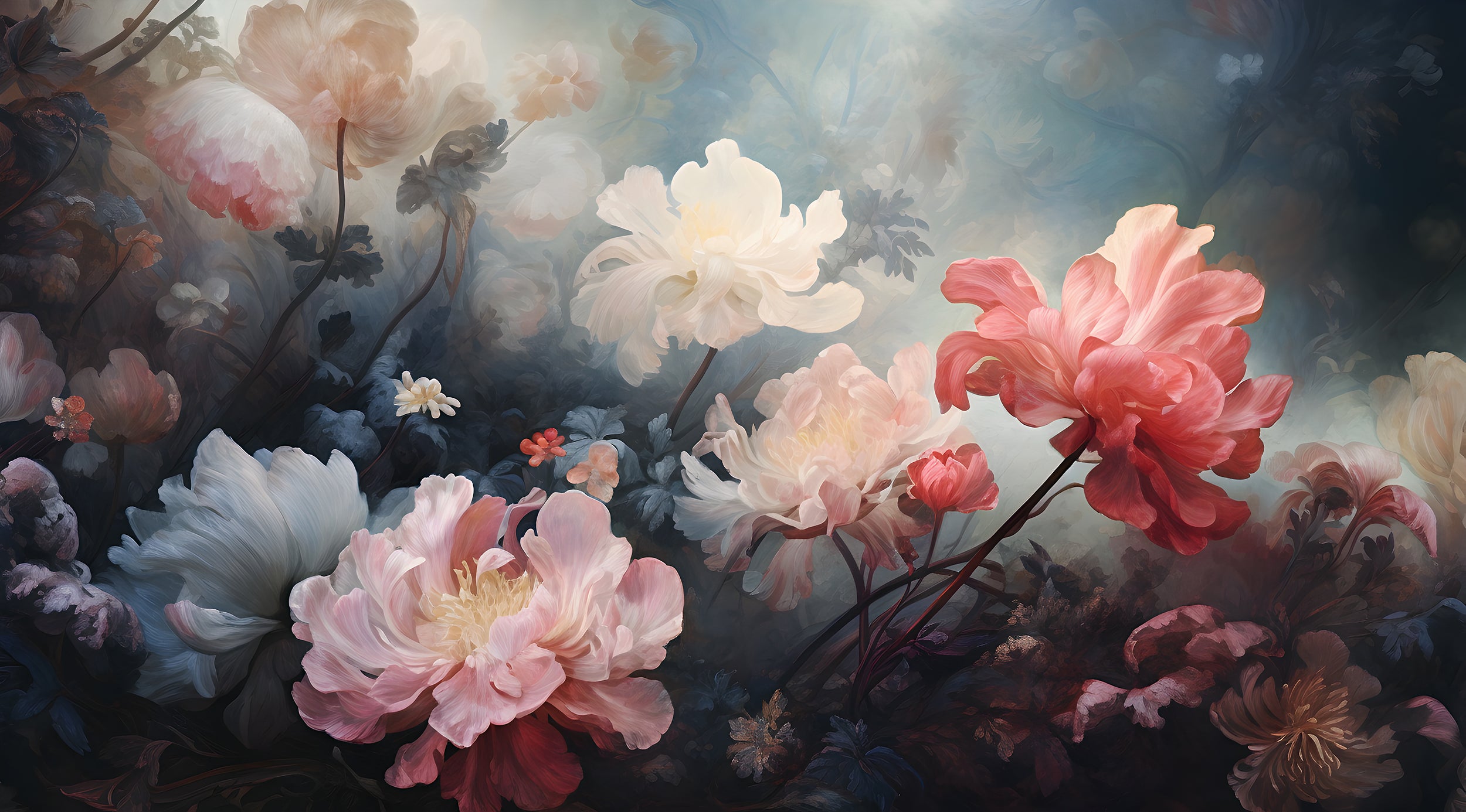 Black Botanical Wall Decal with Peonies