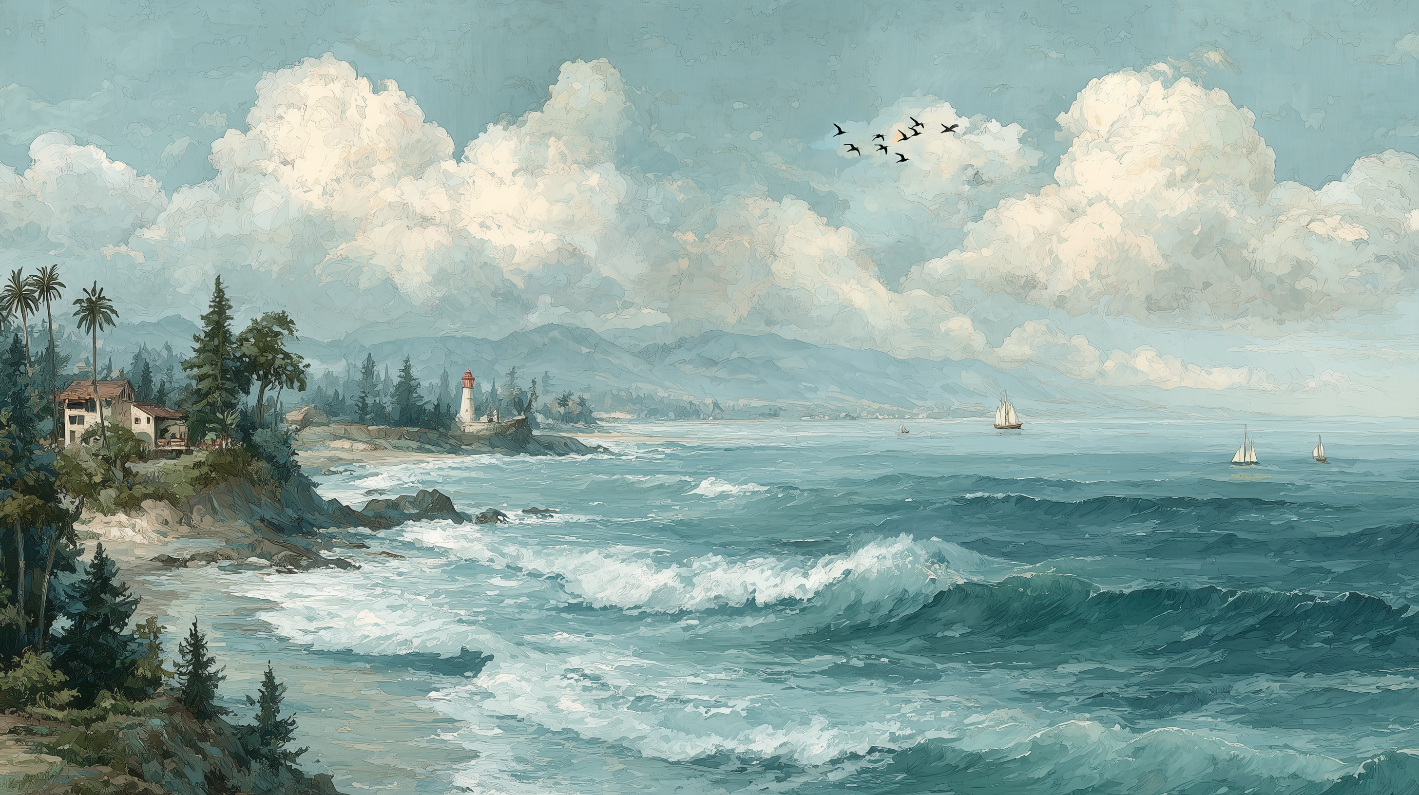 Vintage lighthouse seaside wallpaper
Coastal wall art with sailing boats