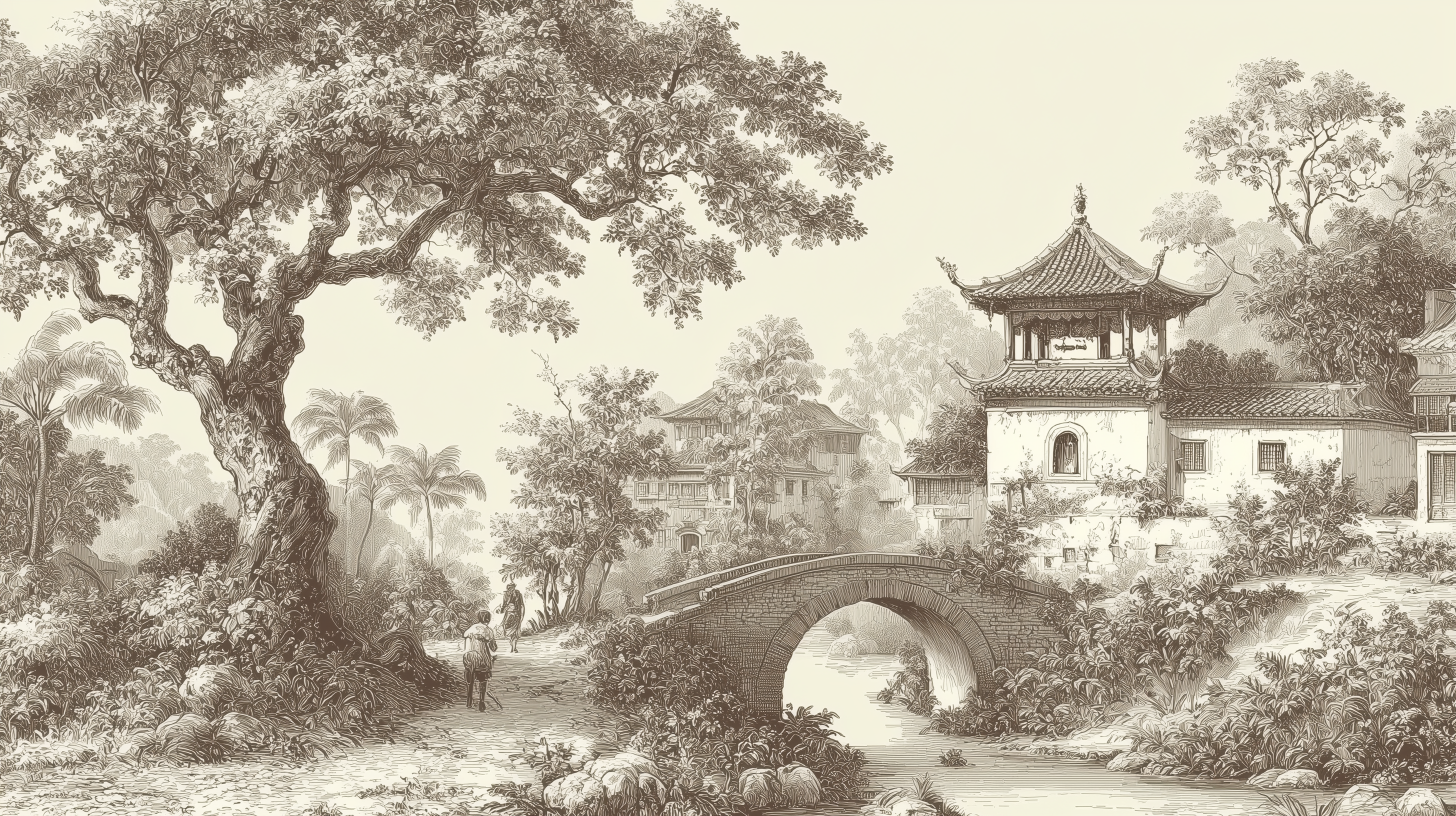traditional bridge countryside wall art
ancient asian architecture decor