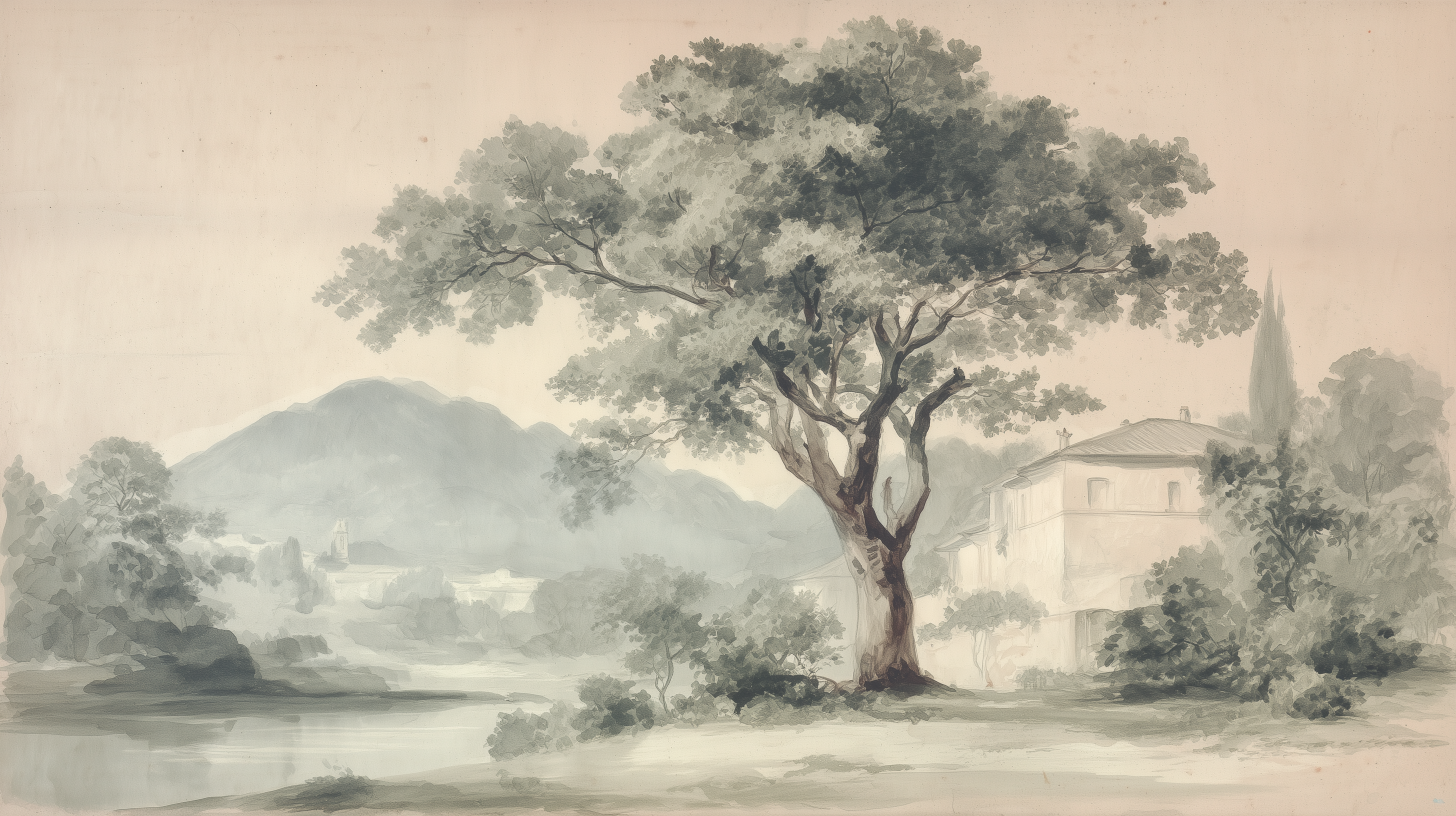 Vintage Tree Wall Mural Watercolor Landscape Mural with Mountains and House Soft Foggy Scene Peel and Stick Wallpaper