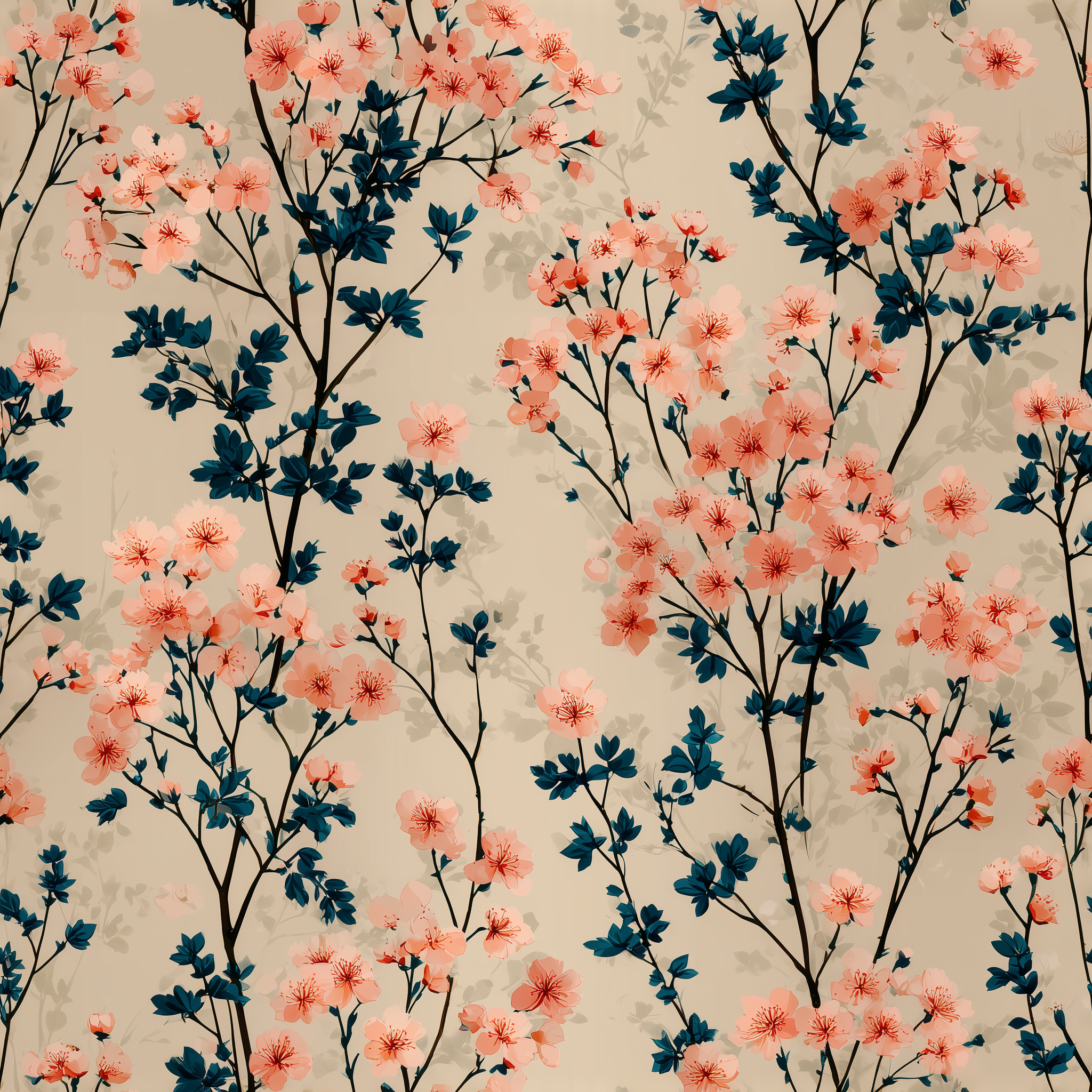 Teal leaves and peach flower wall mural
Beige background floral wallpaper