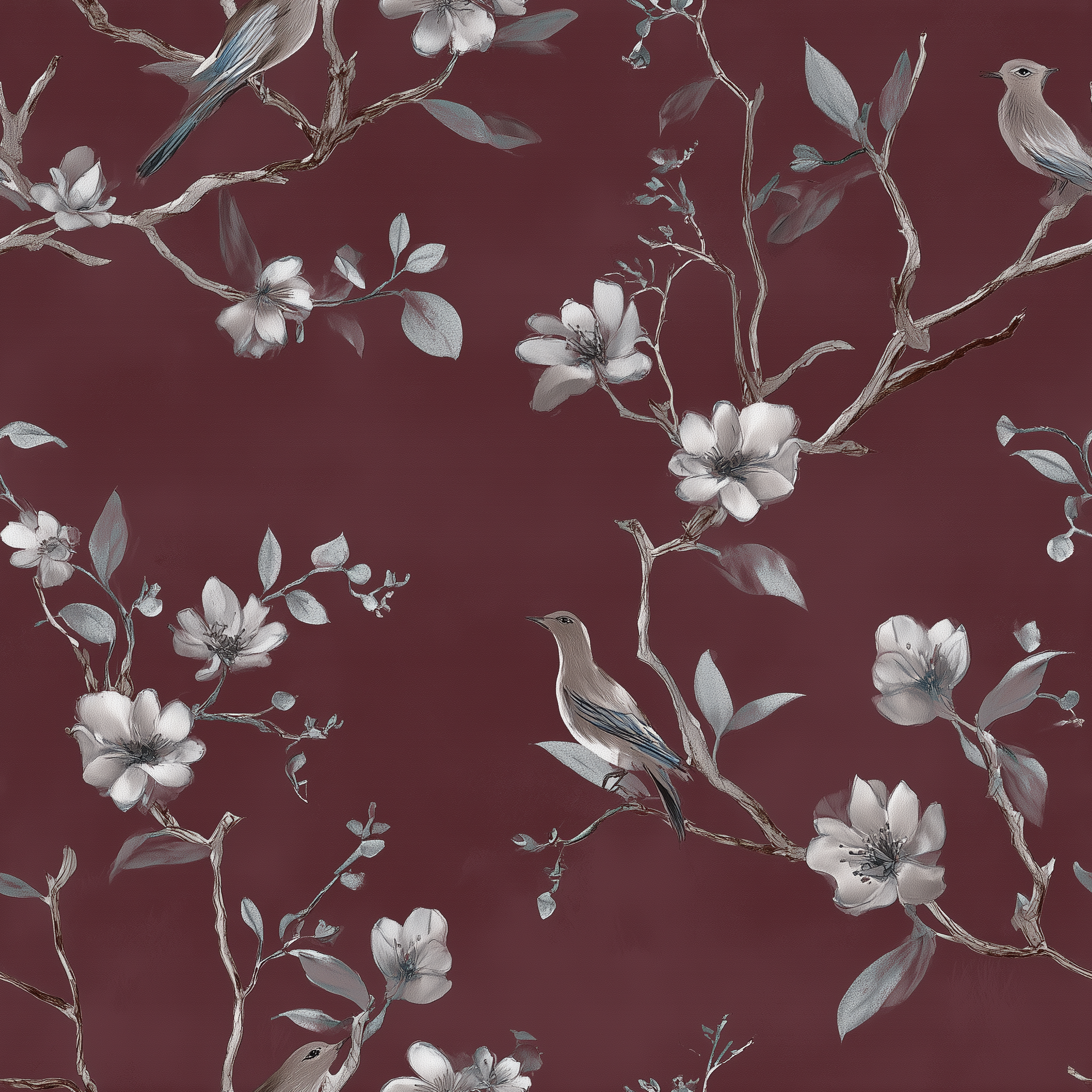 Burgundy nature wallpaper with songbirds and blooms
Delicate botanical print with white flowers and birds