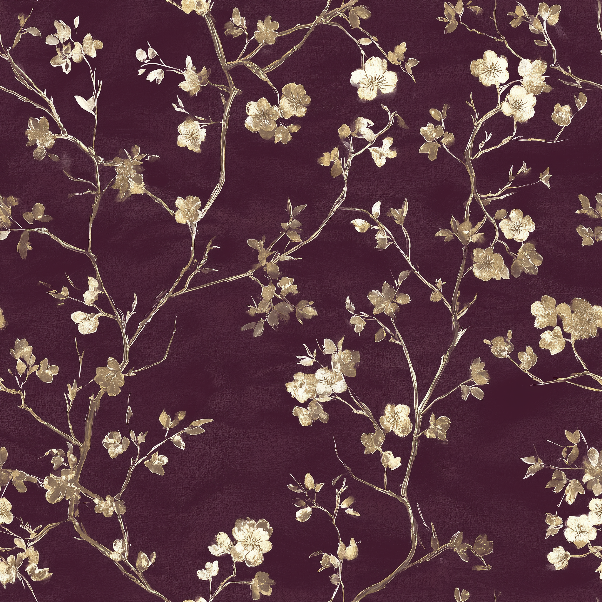 Classic botanical pattern with deep red background
Gold flowering branches wallpaper mural