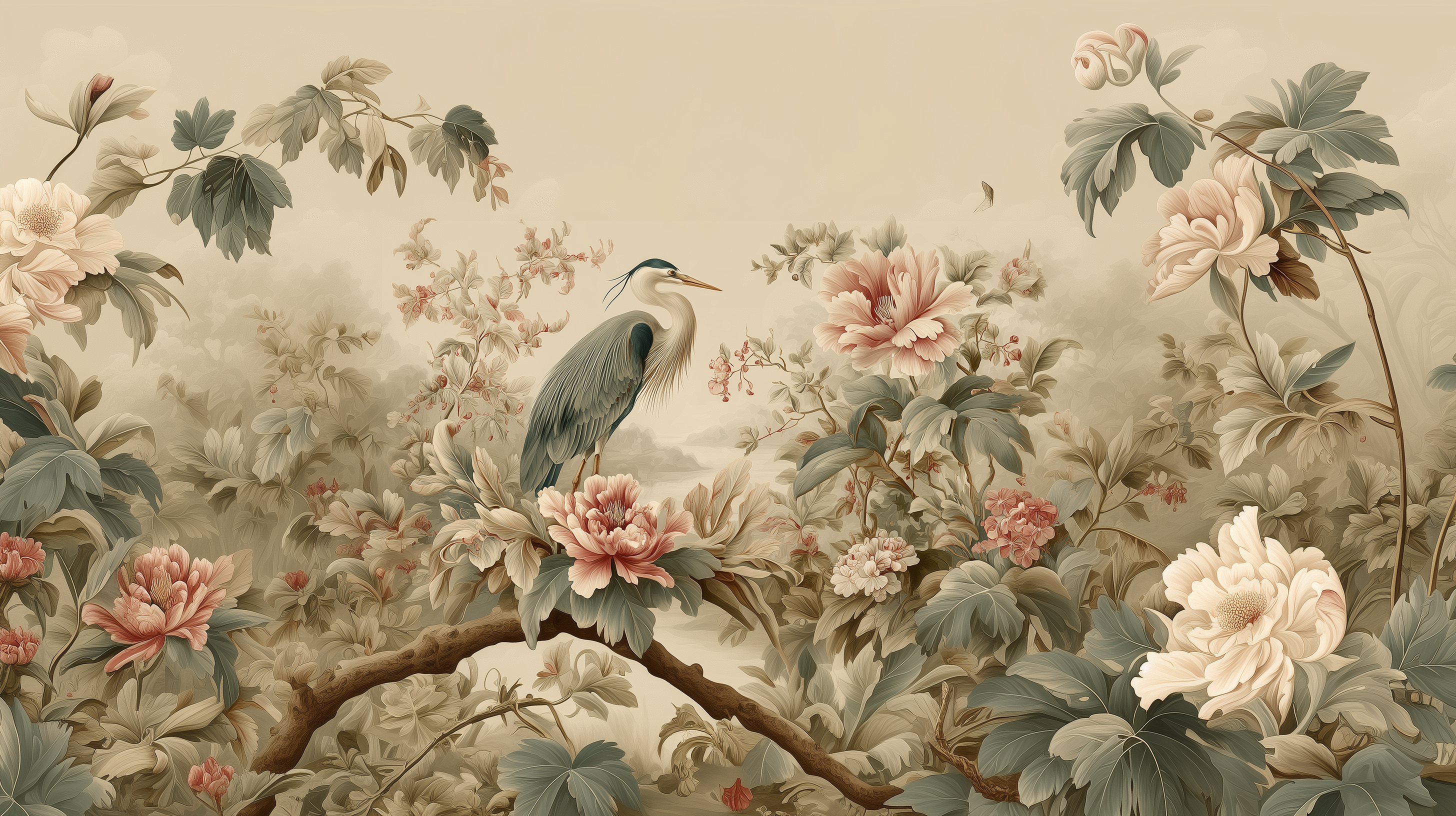delicate floral oriental mural design
vintage botanical mural with bird