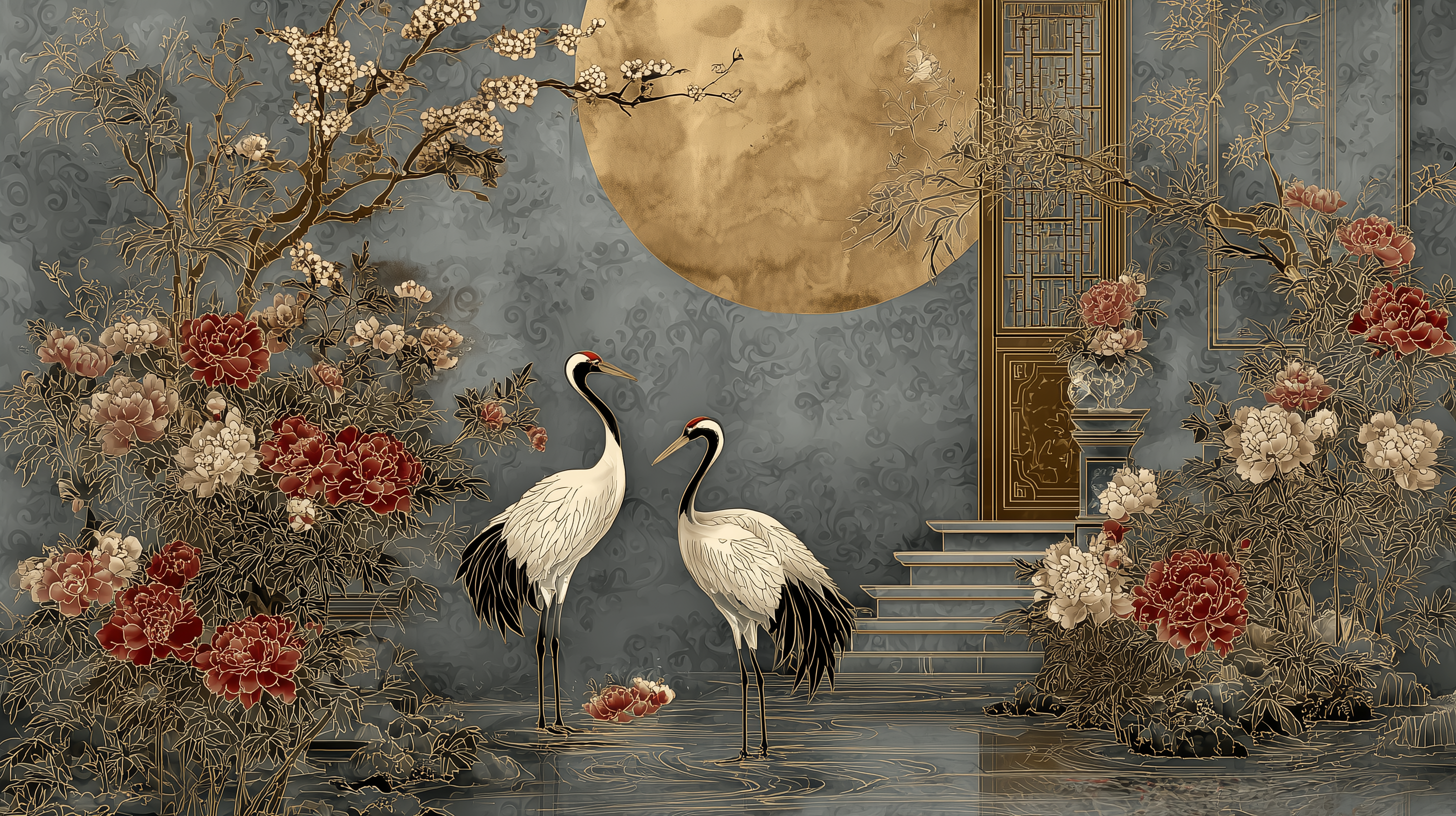 Chinoiserie Wall Mural Crane Moon Garden Wallpaper Oriental Floral Architecture Peony Tree Scenic Luxury Wall Art