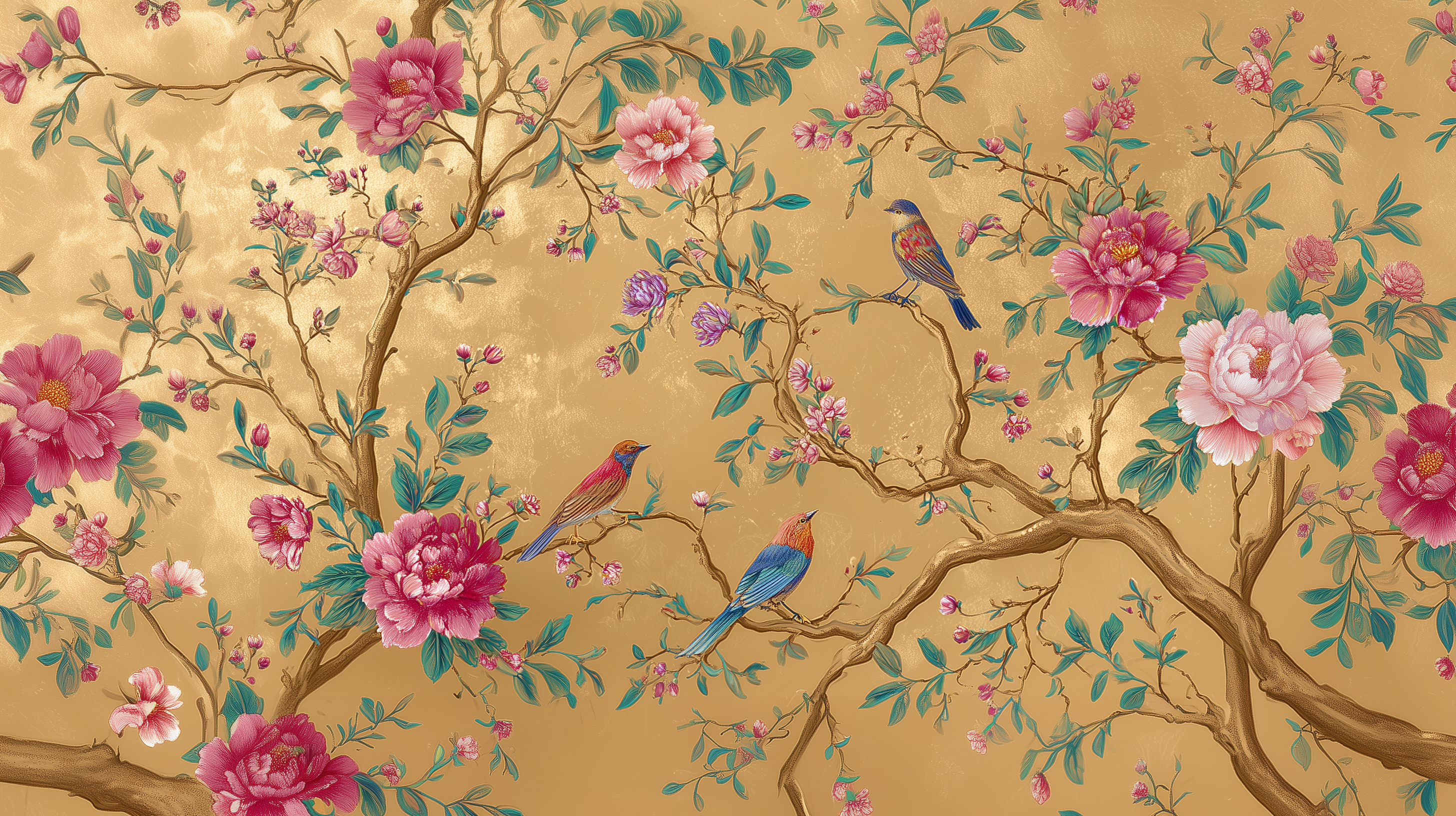 floral bird wall mural golden background
asian wallpaper colorful birds branches