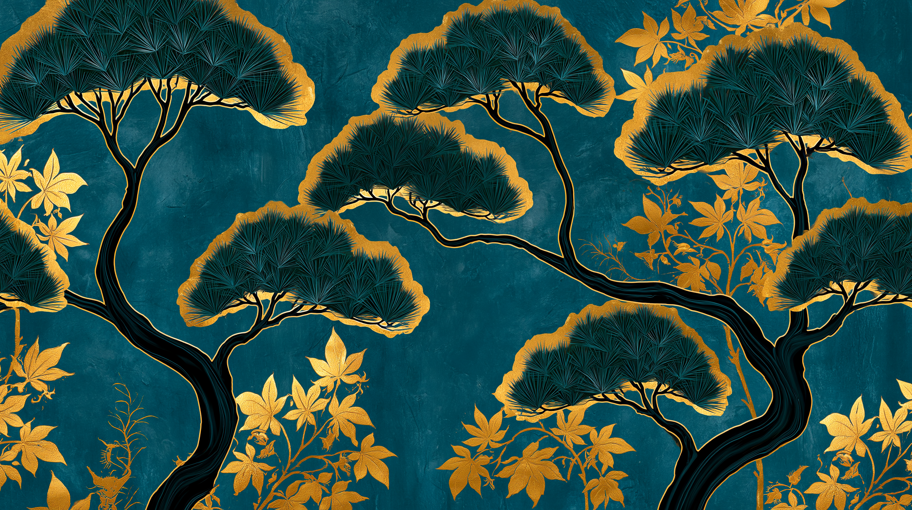 art deco wallpaper teal and gold pattern
asian inspired wallpaper gold foliage and trees
