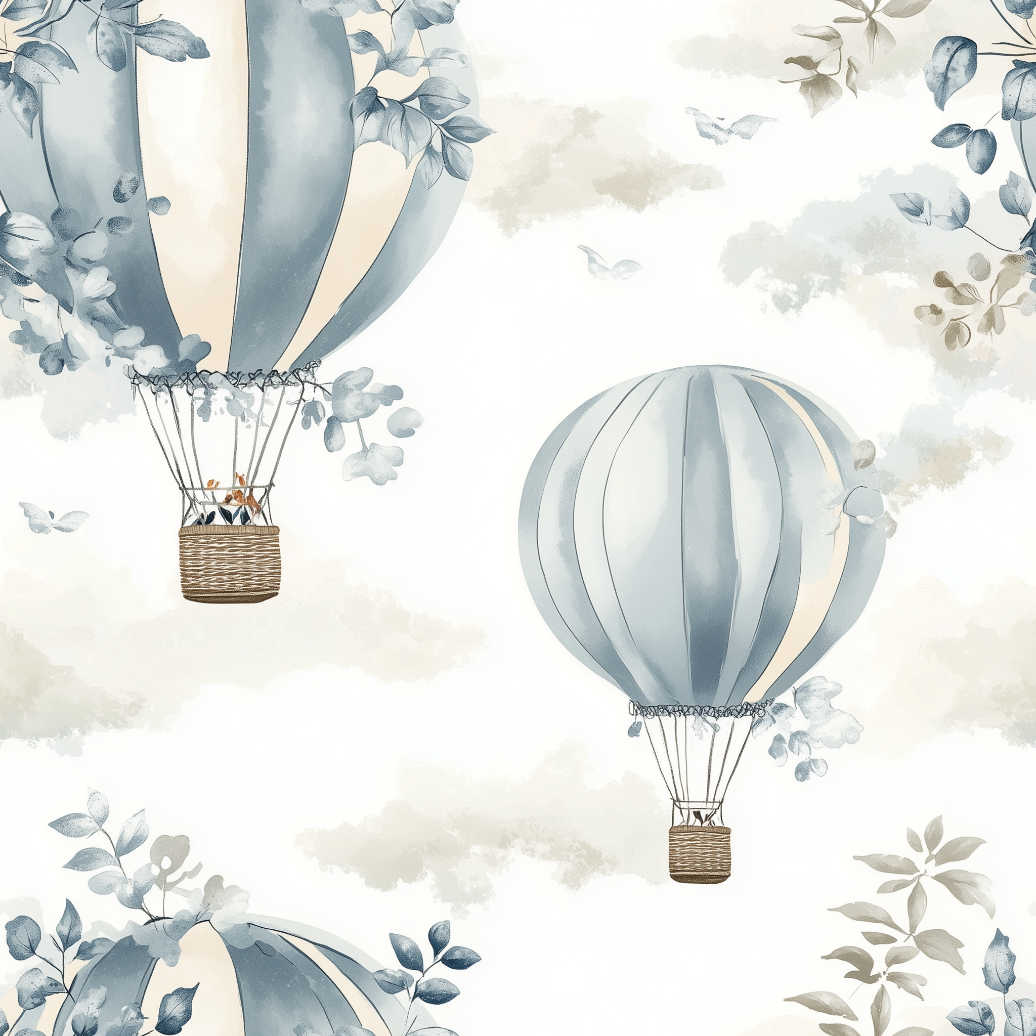Soft floral and balloon peel-and-stick wallpaper.
Light blue balloon and flower design wallpaper.