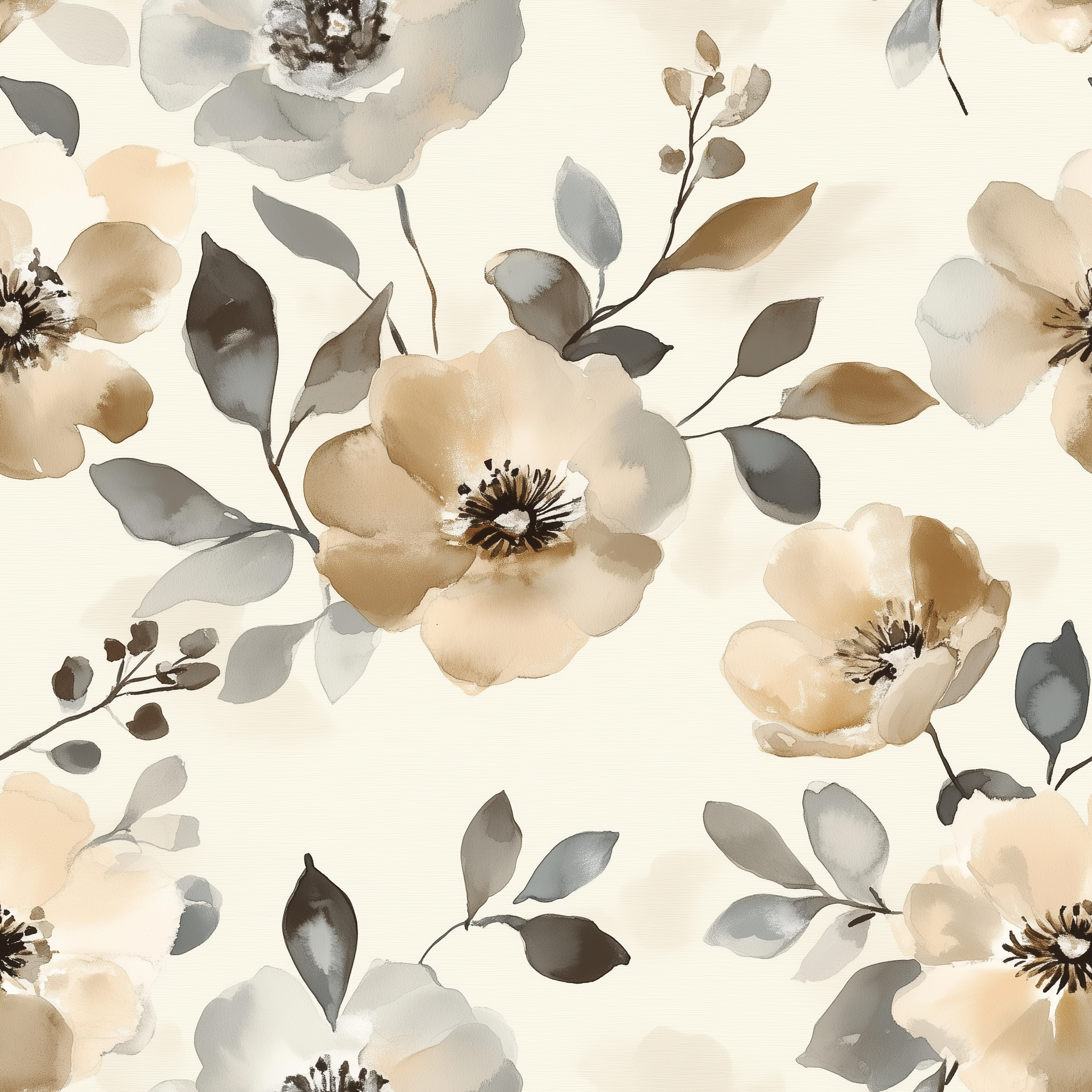 Elegant watercolor floral wall mural for bedrooms.
Removable gray and beige floral wallpaper.