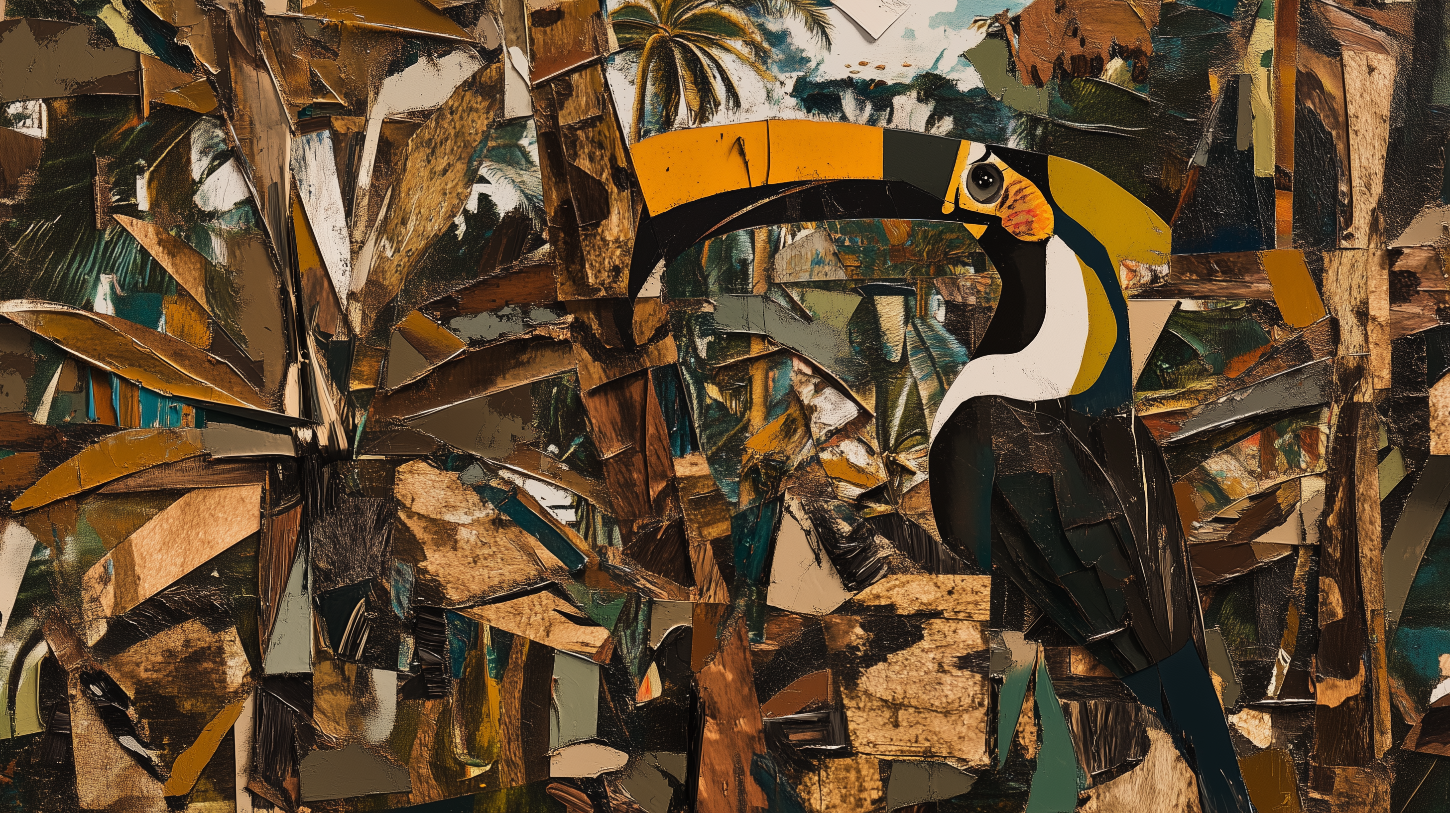 Peel-and-stick exotic wildlife mural.
Artistic brown forest wall art with toucan.