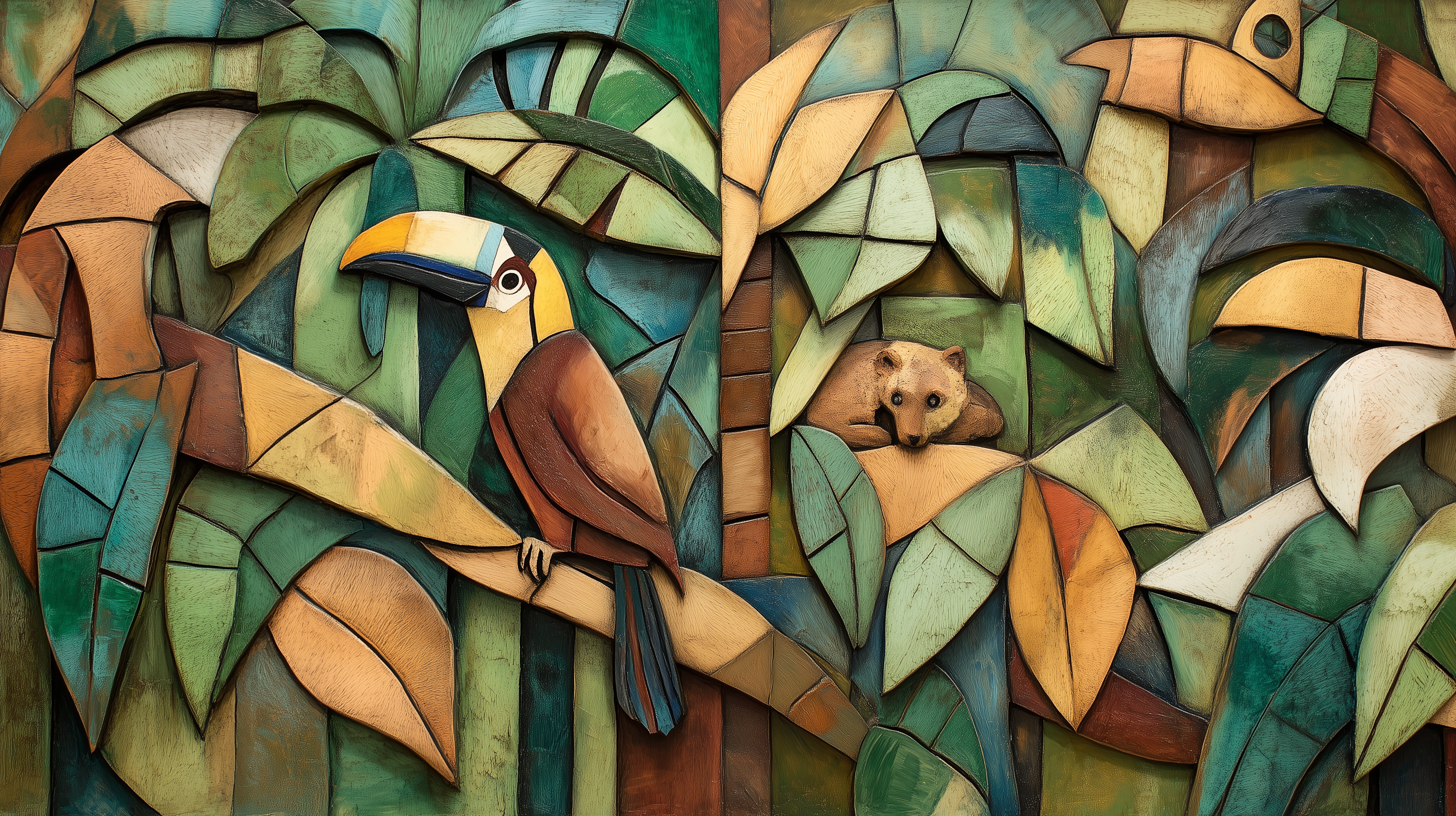 Peel-and-stick geometric wildlife mural.
Artistic modern jungle wall decor.