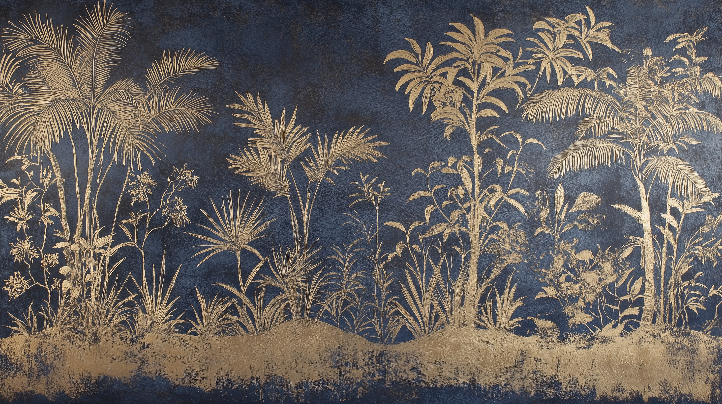 Peel-and-stick botanical palm tree mural.
Elegant luxury wallpaper with blue and beige tones.