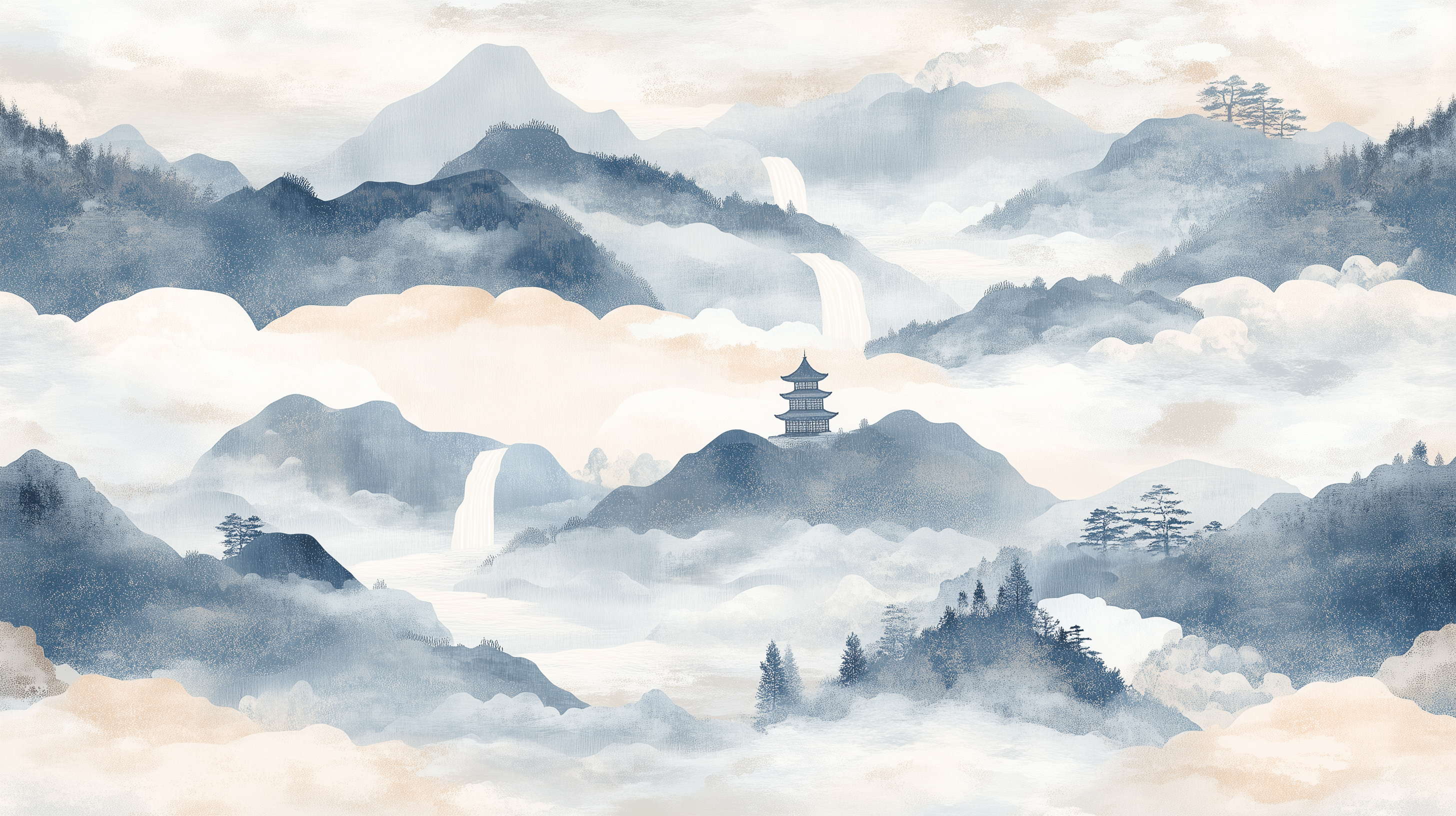 Watercolor cloudy wall mural.
Misty mountain scene wall decor.