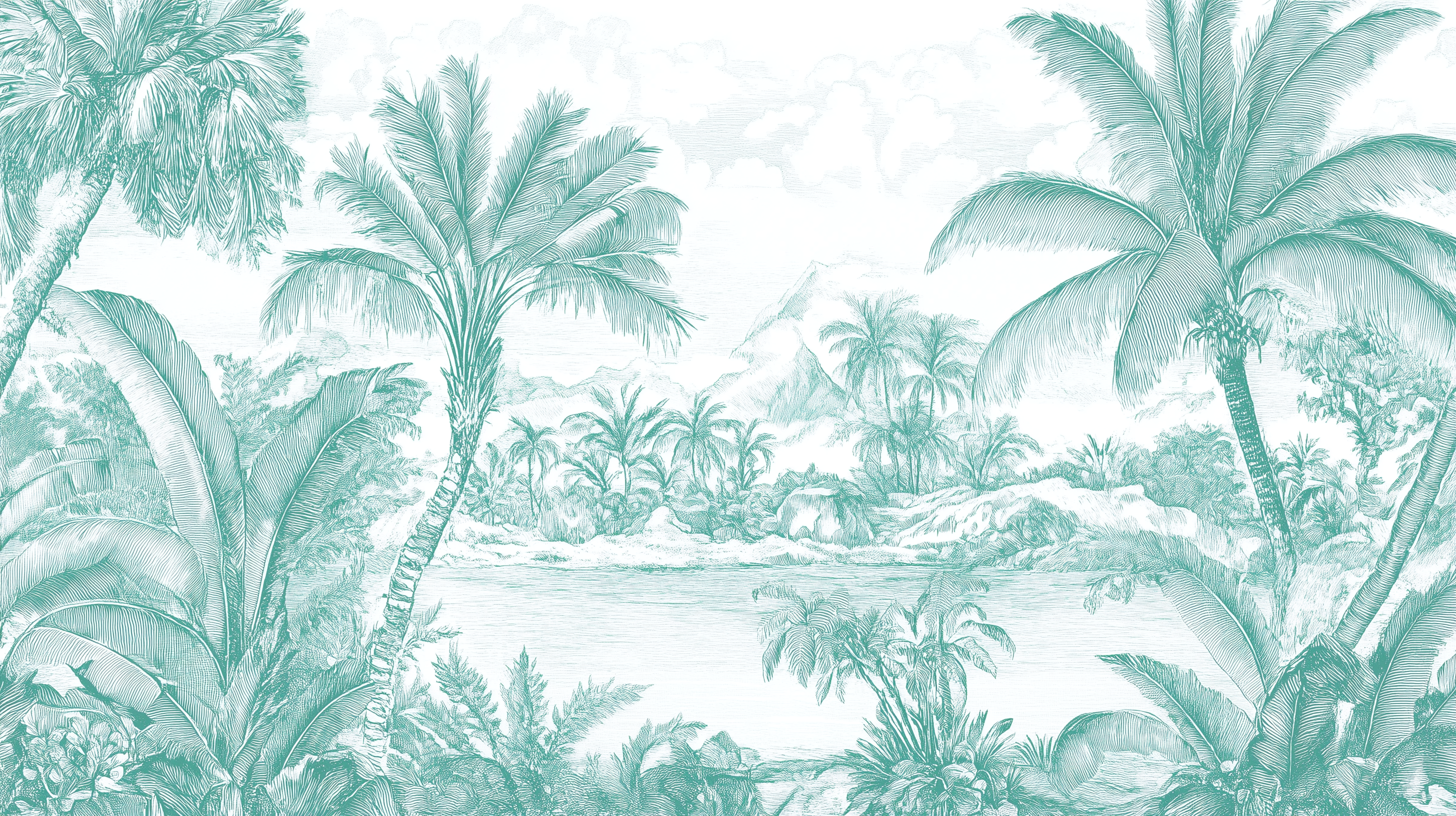 Self-adhesive monochrome botanical mural.
Vintage-inspired jungle wall decor.