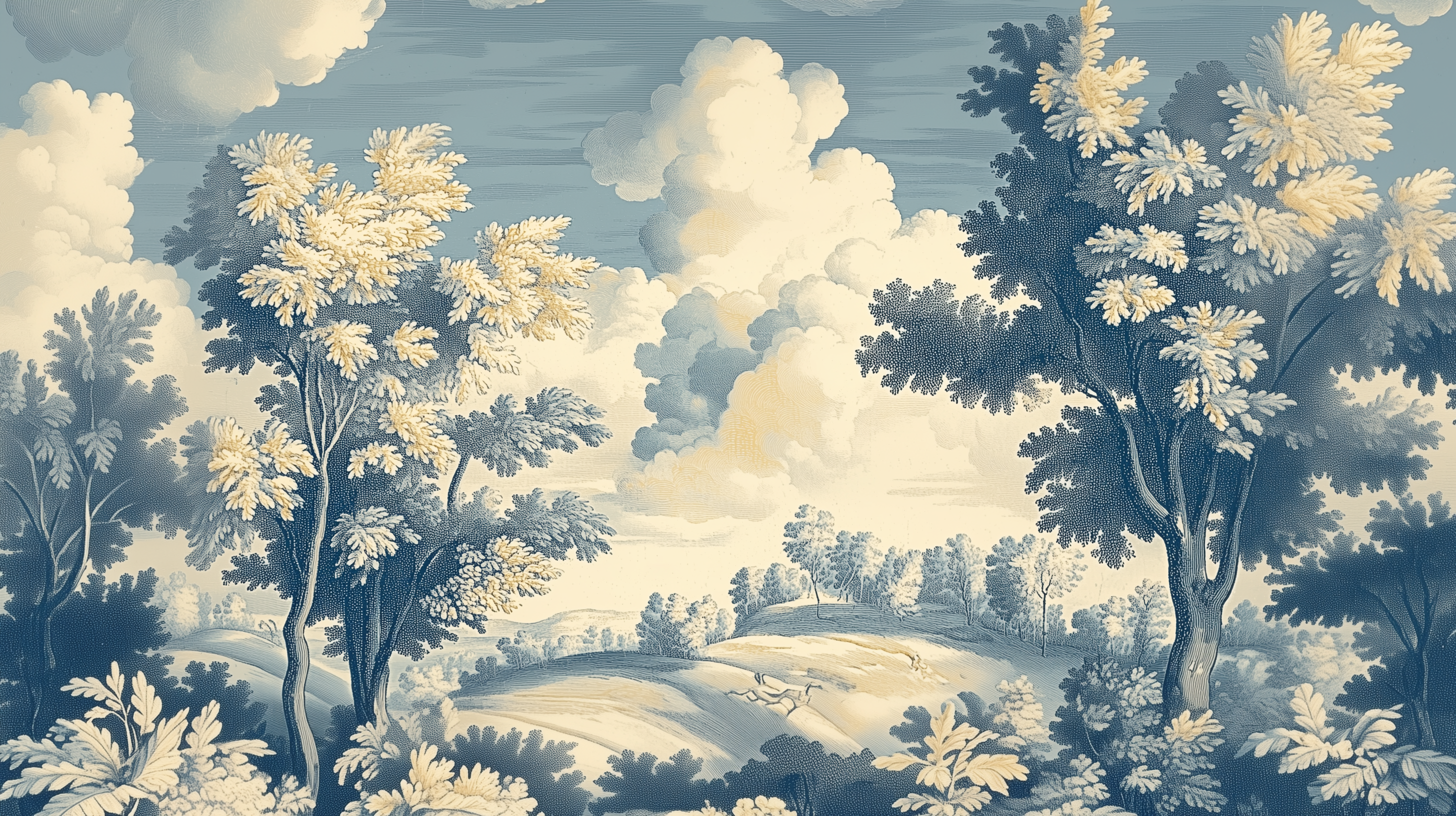 Monochrome blue trees mural.
Timeless scenic wallpaper.