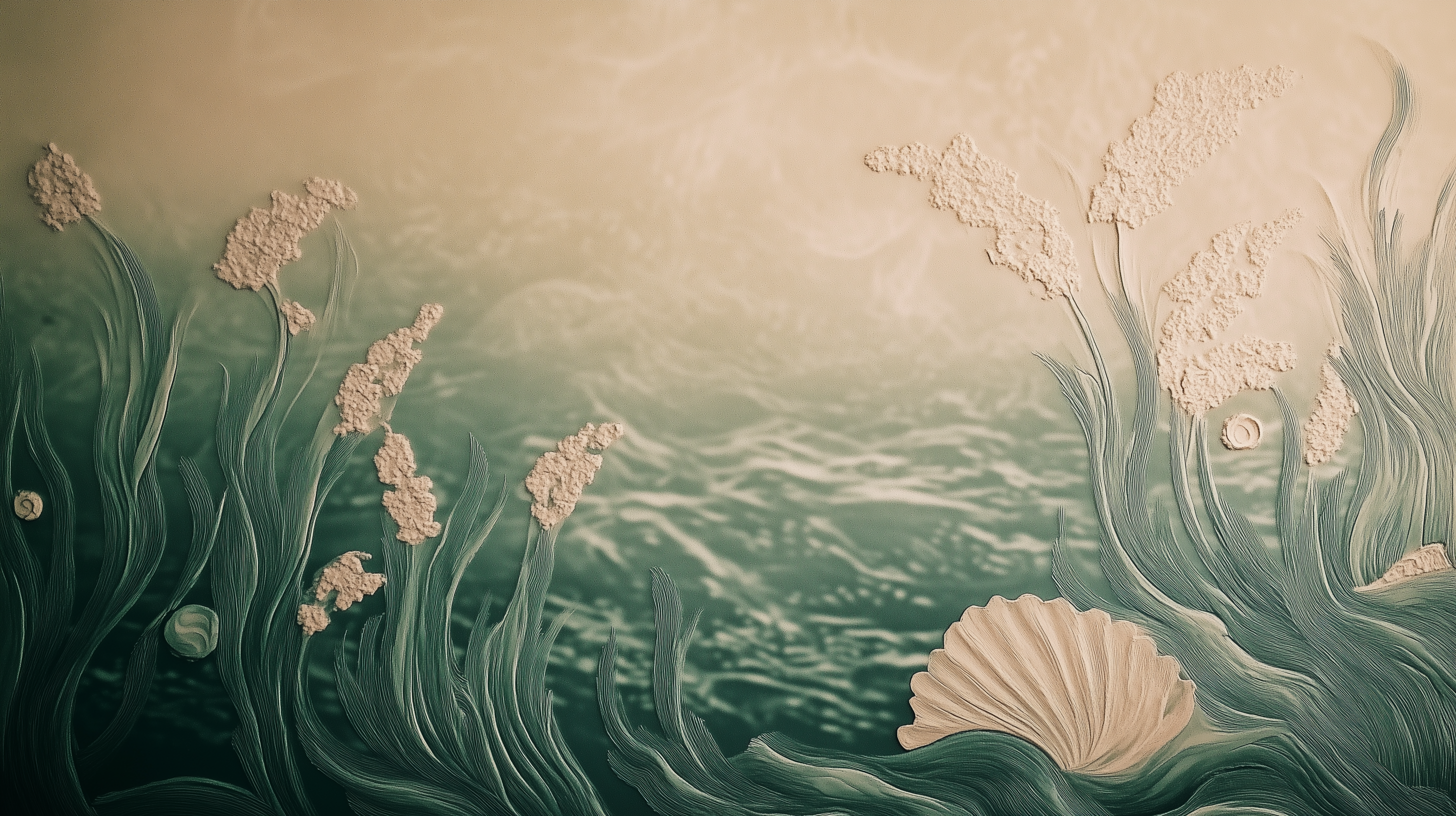 Peel-and-stick ocean botanical mural.
Teal and beige ocean wall decor.