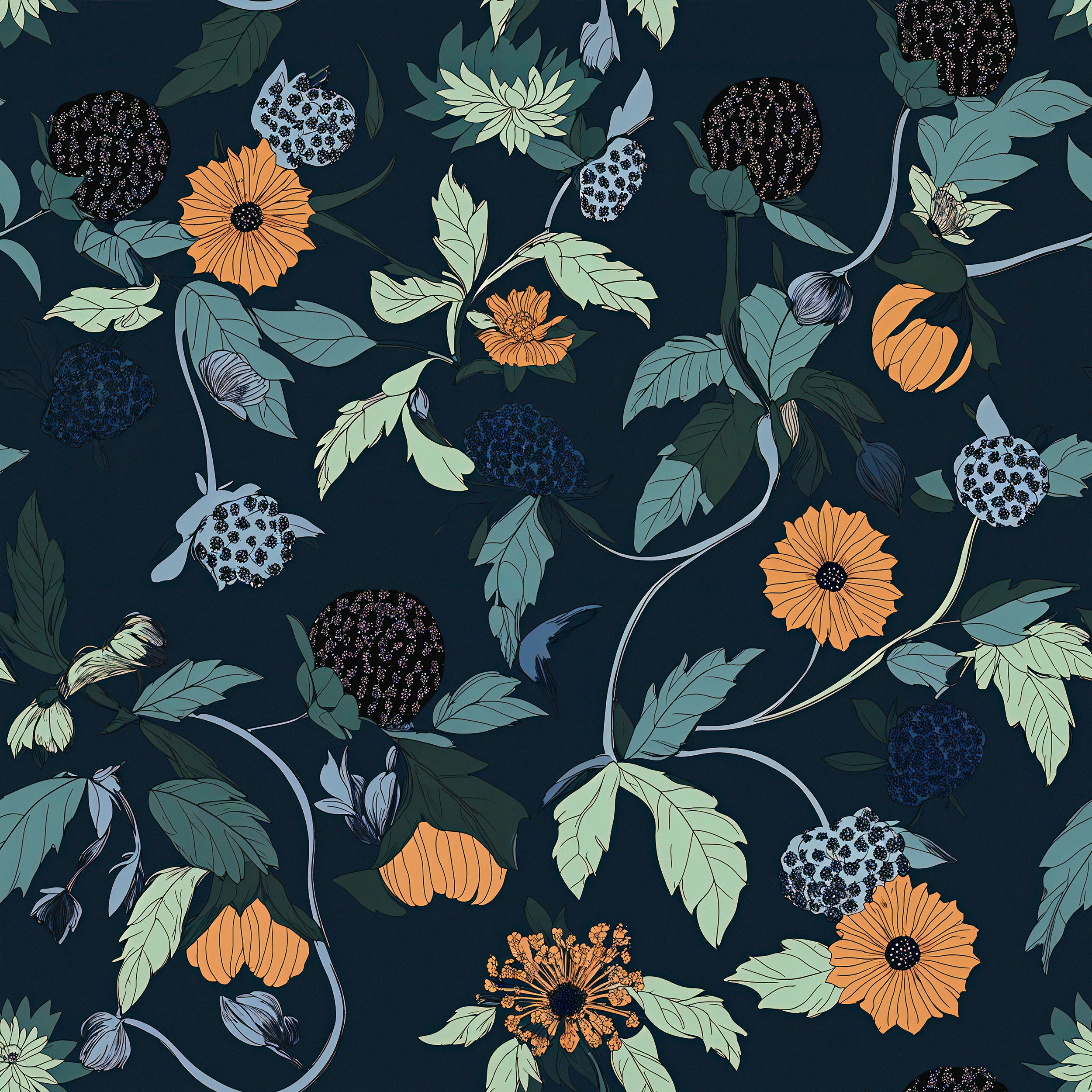 Floral wallpaper with orange flowers and blue berries.
Nature-inspired peel-and-stick wallpaper.
