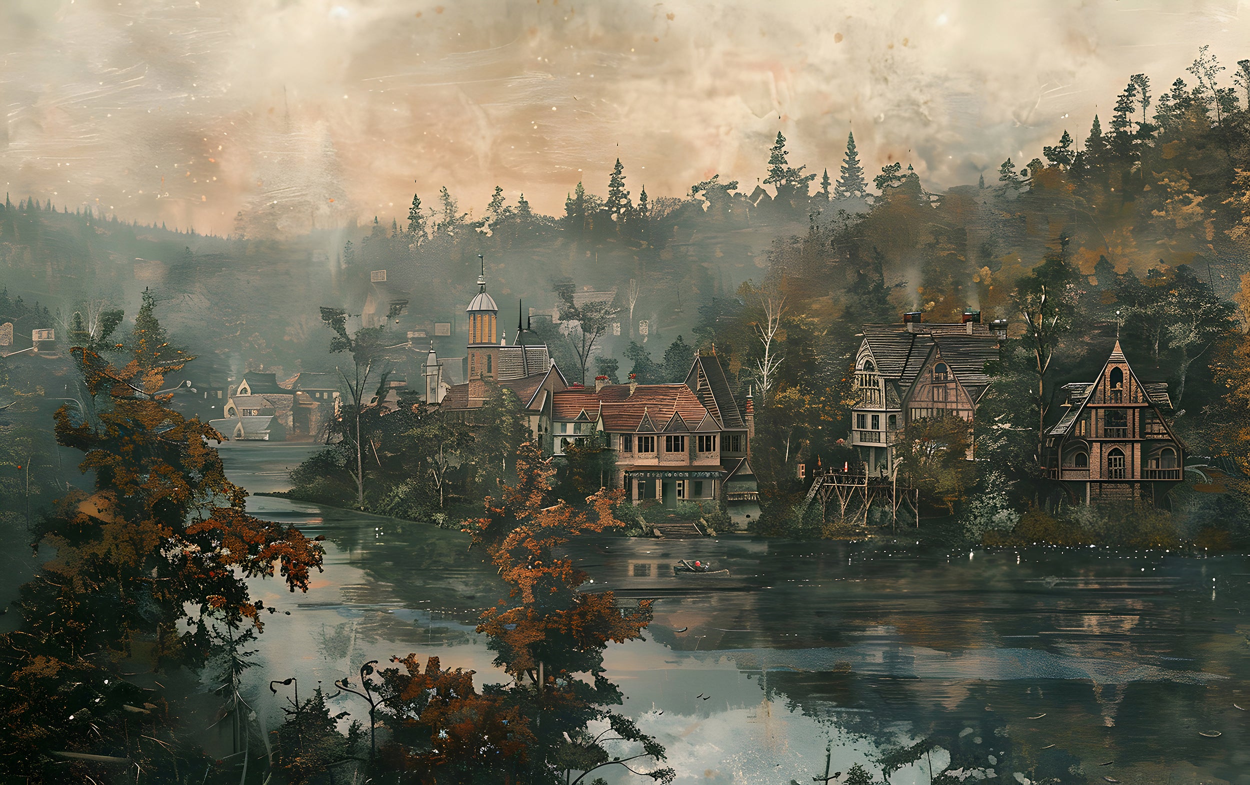Riverside Village Vintage Wallpaper Art