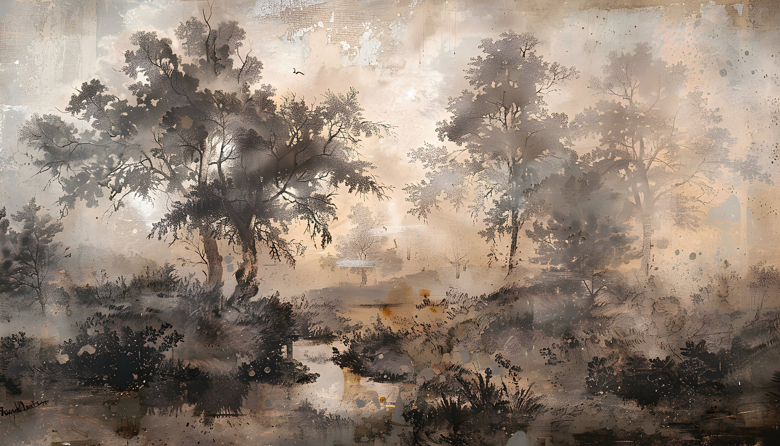 Watercolor Trees in Vintage Style Mural, Rustic Forest Wallpaper, Old Style Misty Landscape Wall Decal, Peel and Stick Custom Size Dark Beige Art