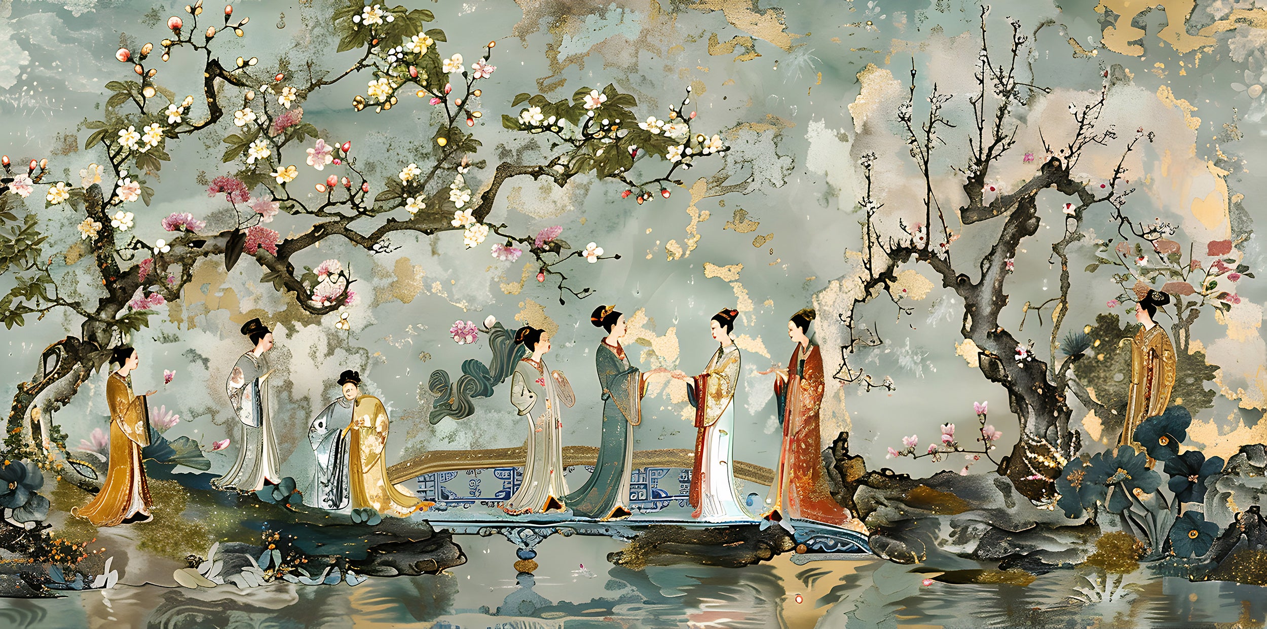 Muted Green Cherry Blossom Wall Decal Rustic Japanese Art Wall Decor