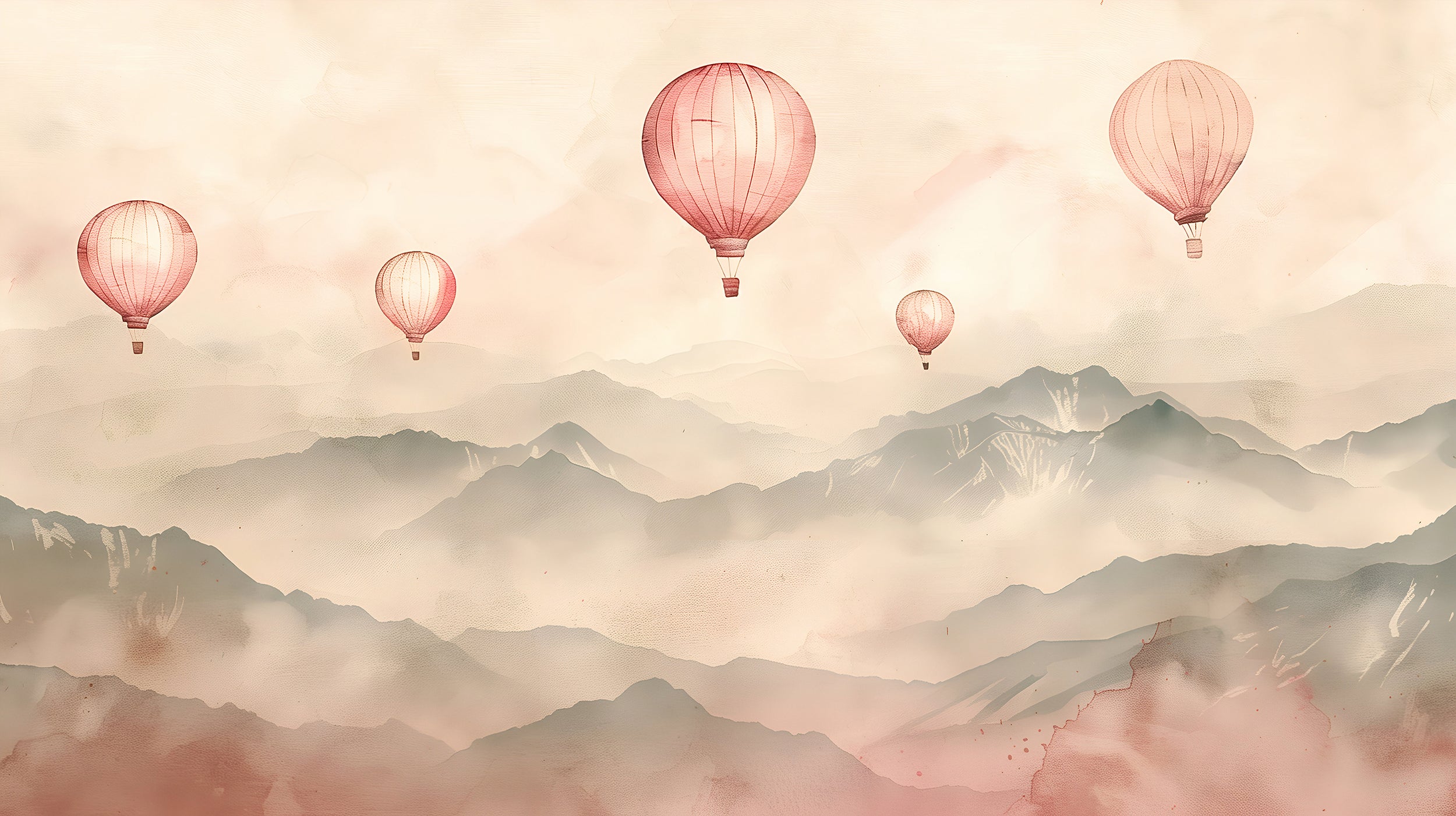 Soft Pink Hot Air Balloons Mural, Watercolor Mountain Landscape Wallpaper, Hot Air Balloons over the Mountains Mural, Peel and Stick Nursery