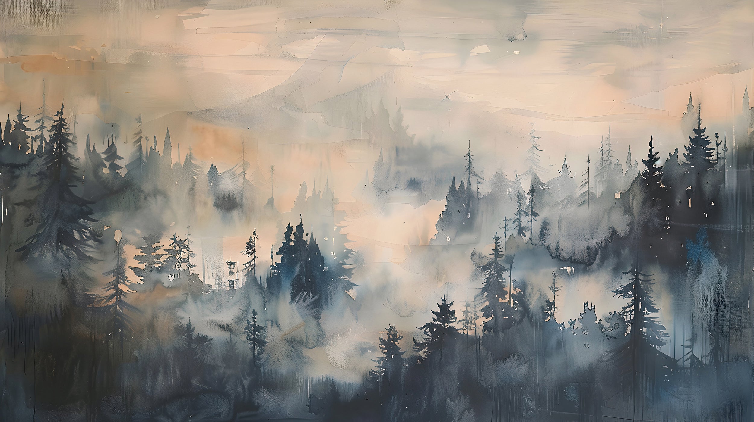 Dark watercolor trees decor Removable landscape art