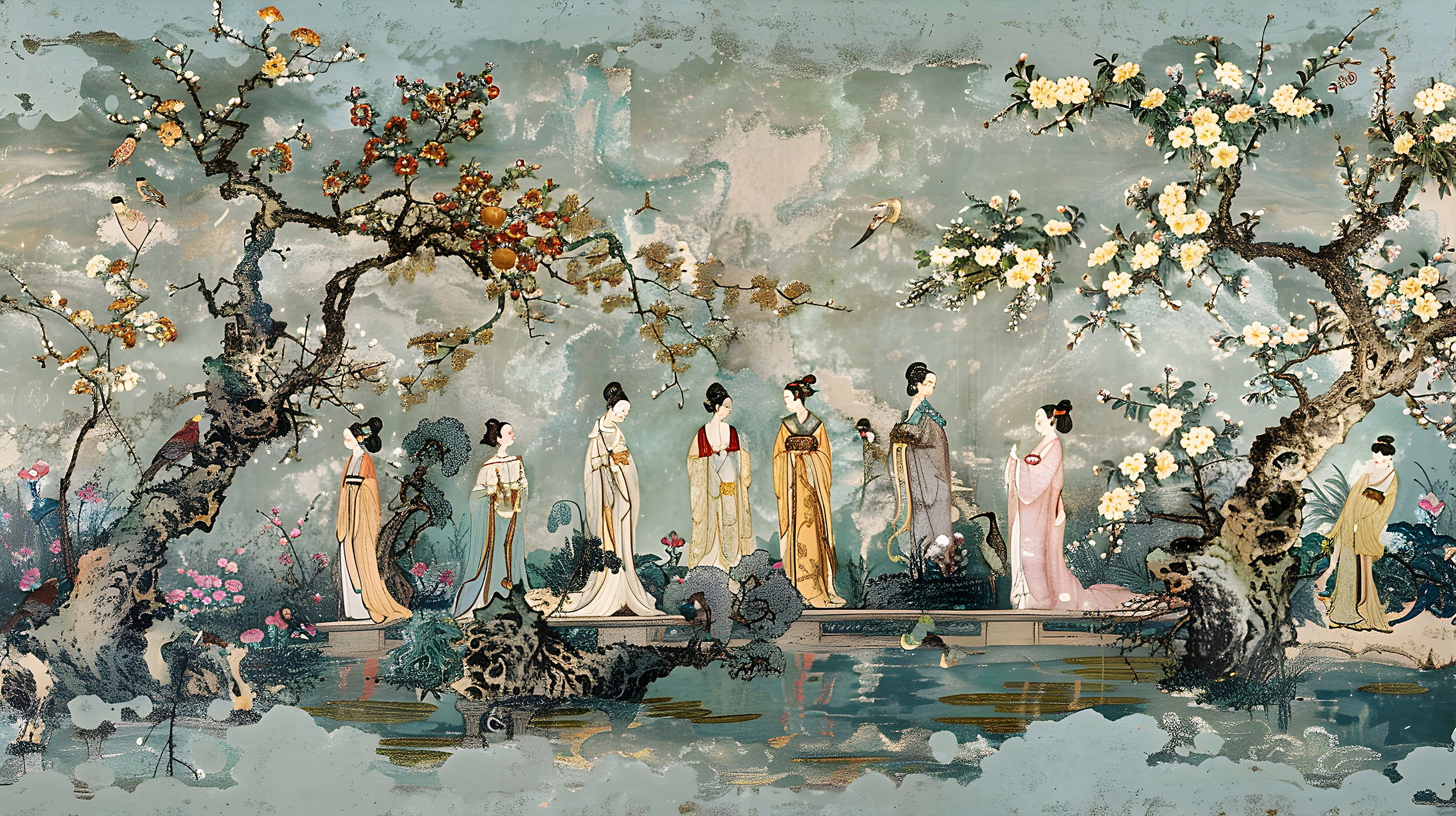 Chinoiserie sakura tree mural Peel and stick Japanese mural