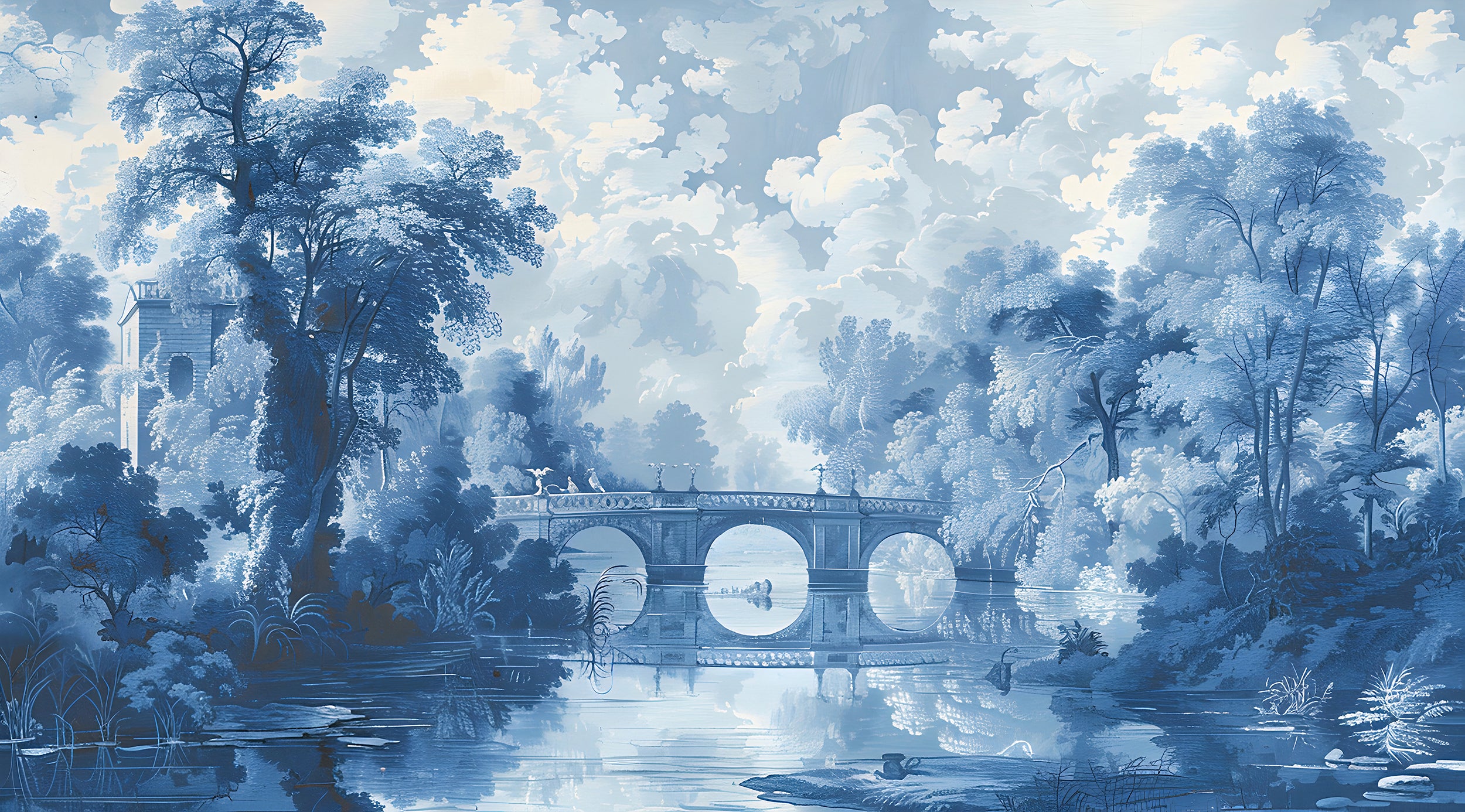 Monochrome landscape wall art Toile de Jouy nature mural