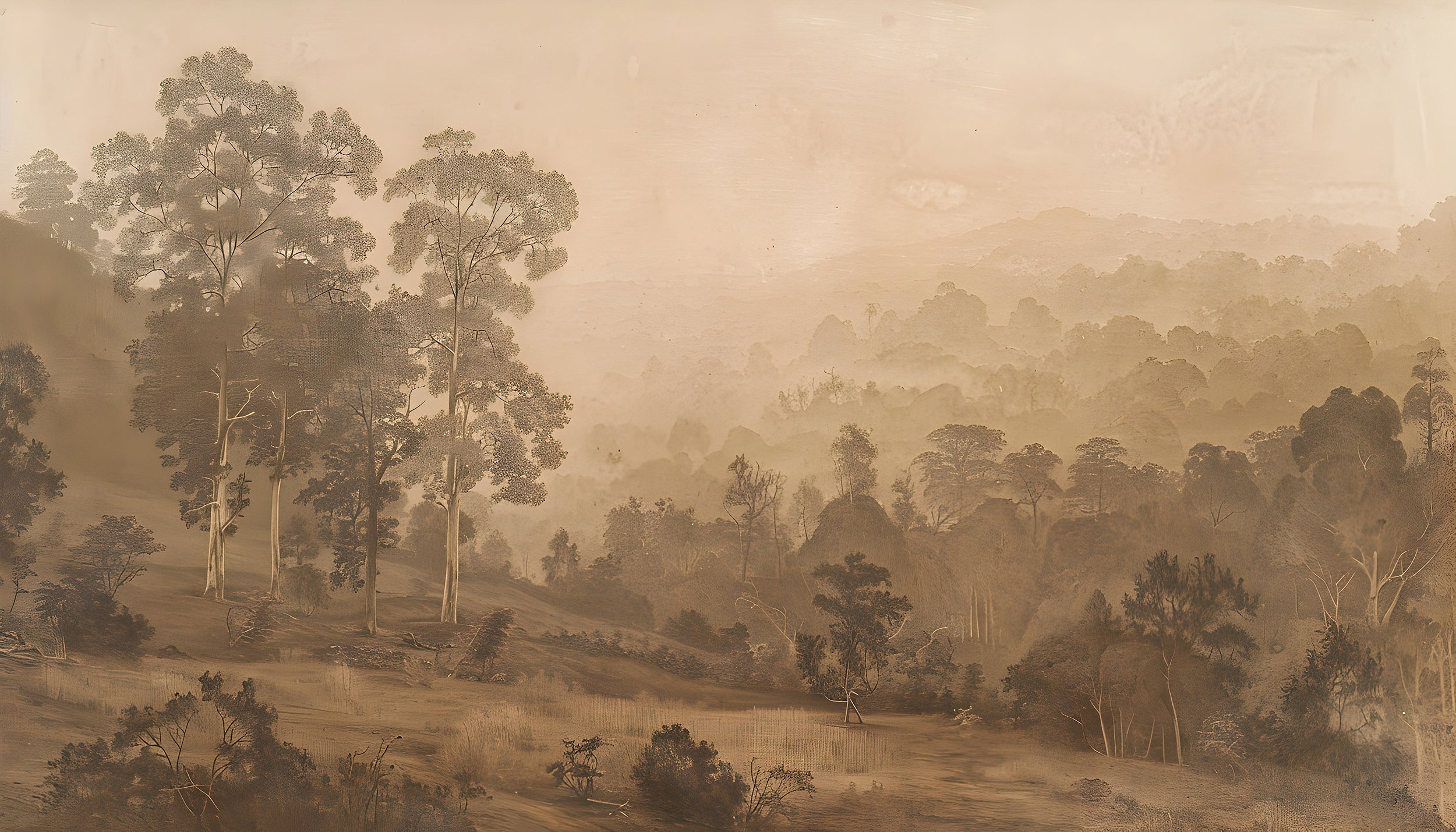 Beige scenic wallpaper Old style landscape mural