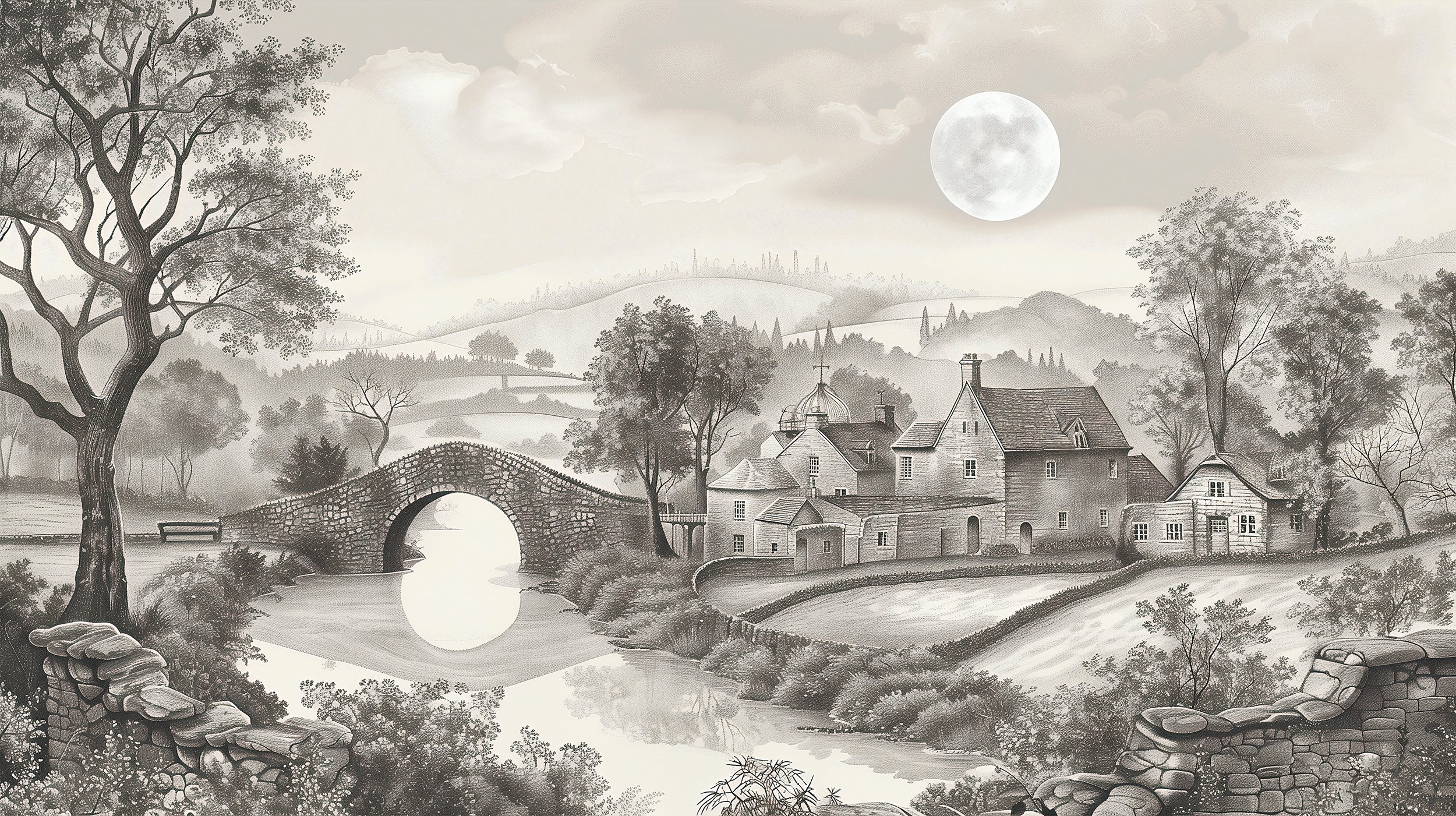 Peel and stick countryside mural Old style bridge and house mural