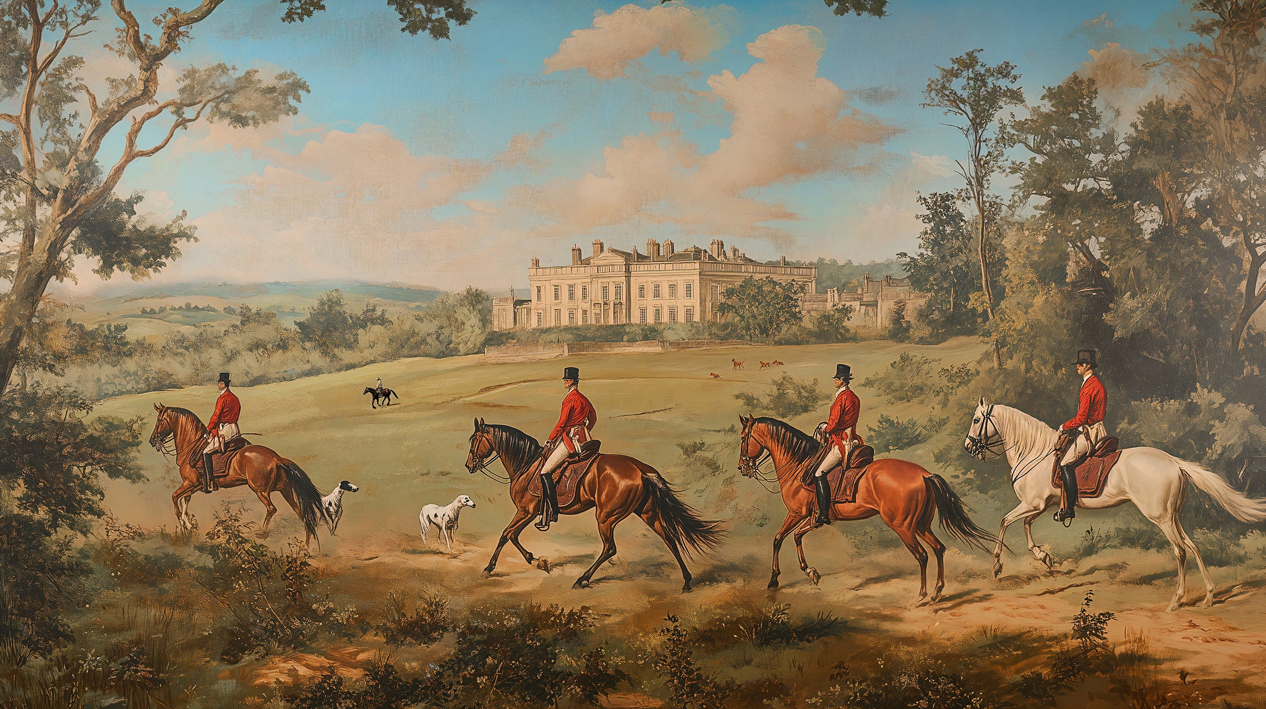 Vintage scenic wall mural with horses and castle
Old style landscape mural with hunting dogs