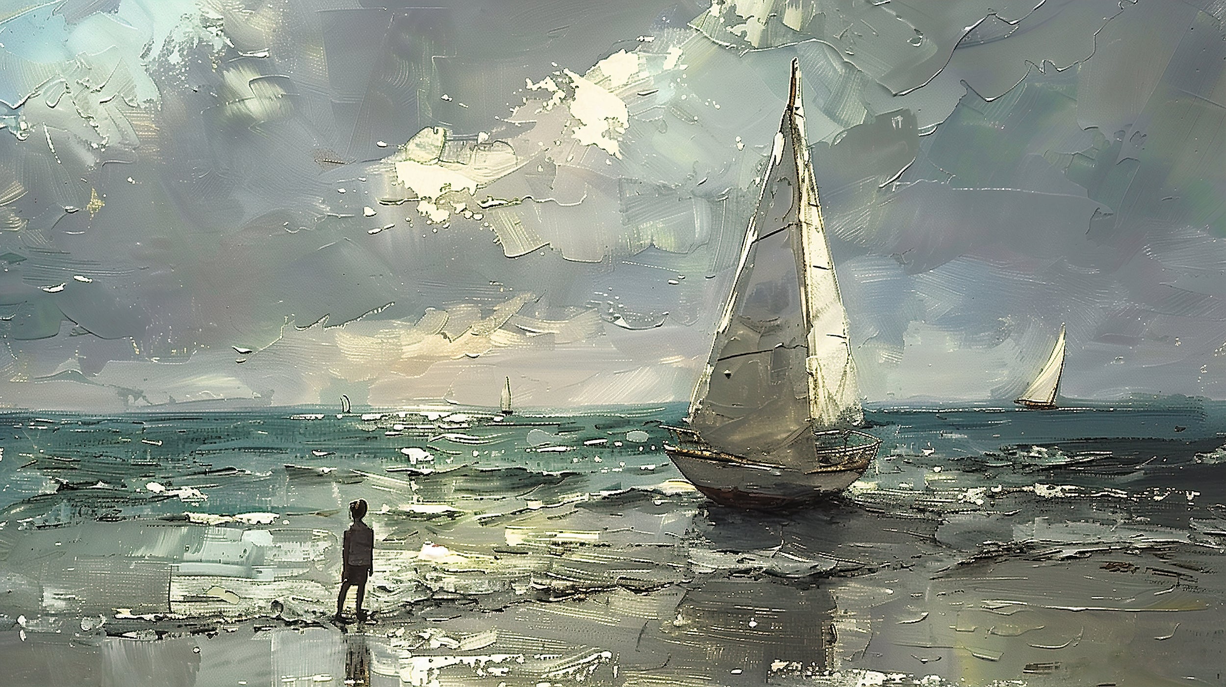 Peel and stick sailboat oil painting wallpaper Dark ocean wall mural with sailboats