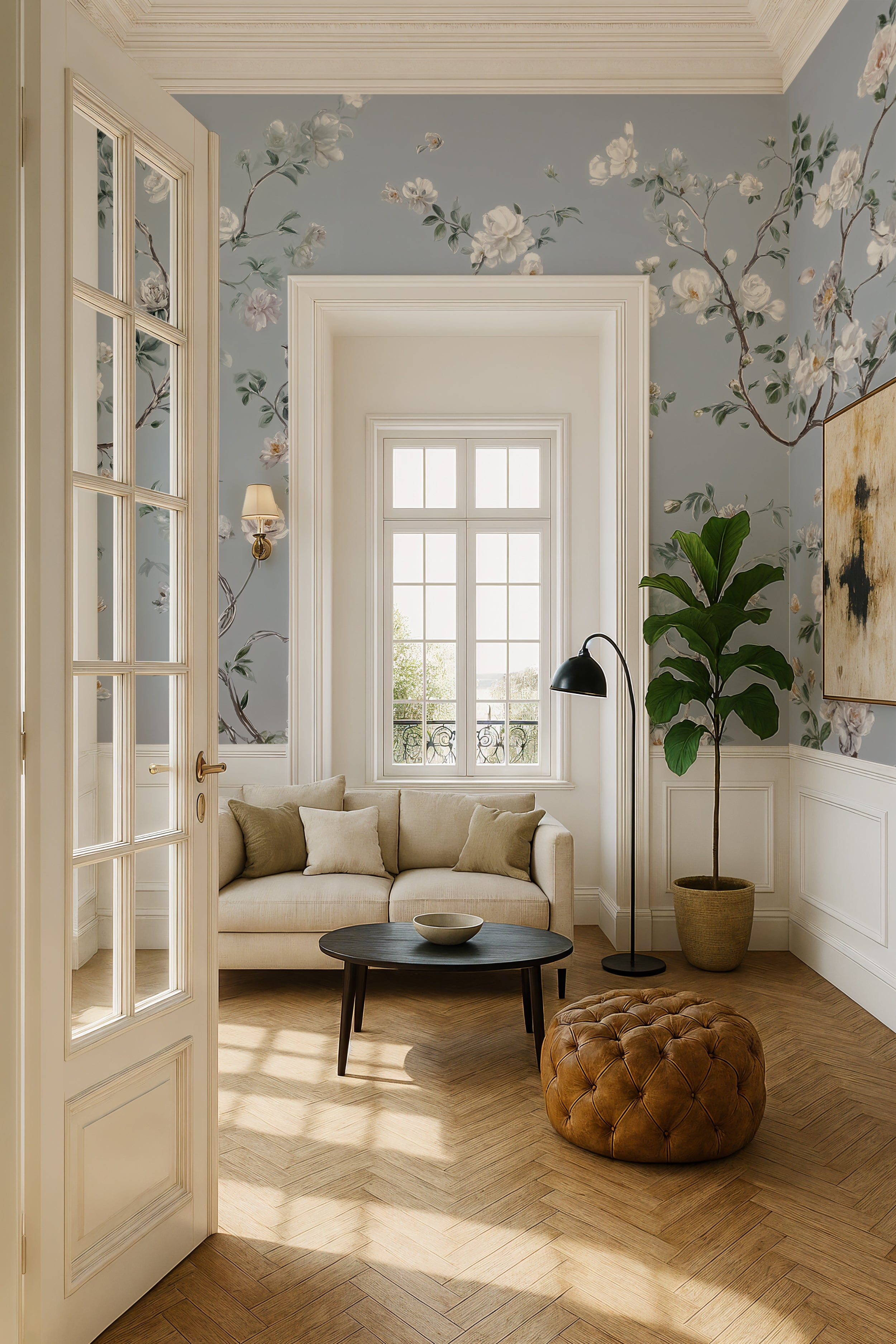 Watercolor baby blue chinoiserie wallpaper
Blossom branches and white flowers mural