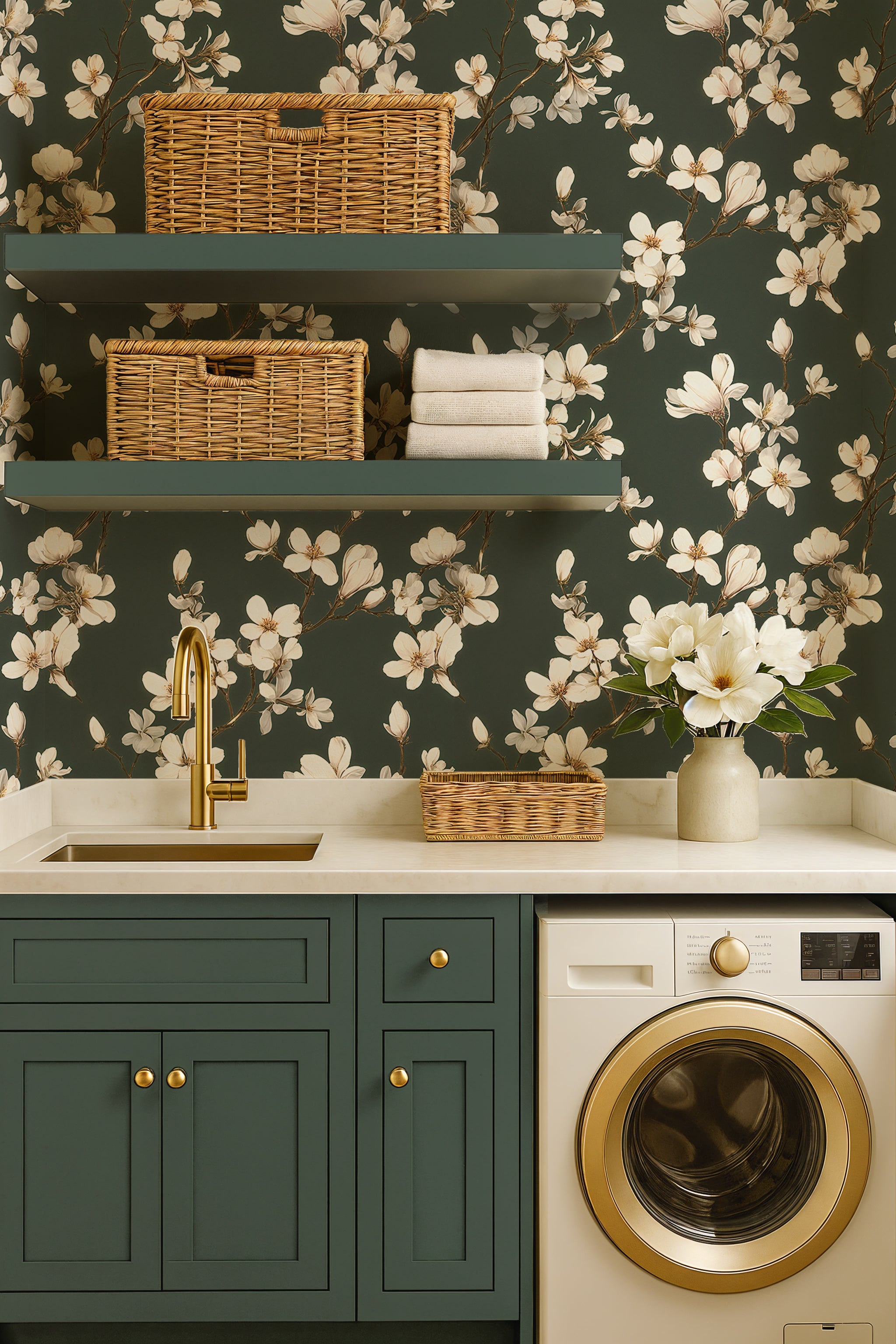 Muted green magnolia wallpaper
White magnolia floral wall covering