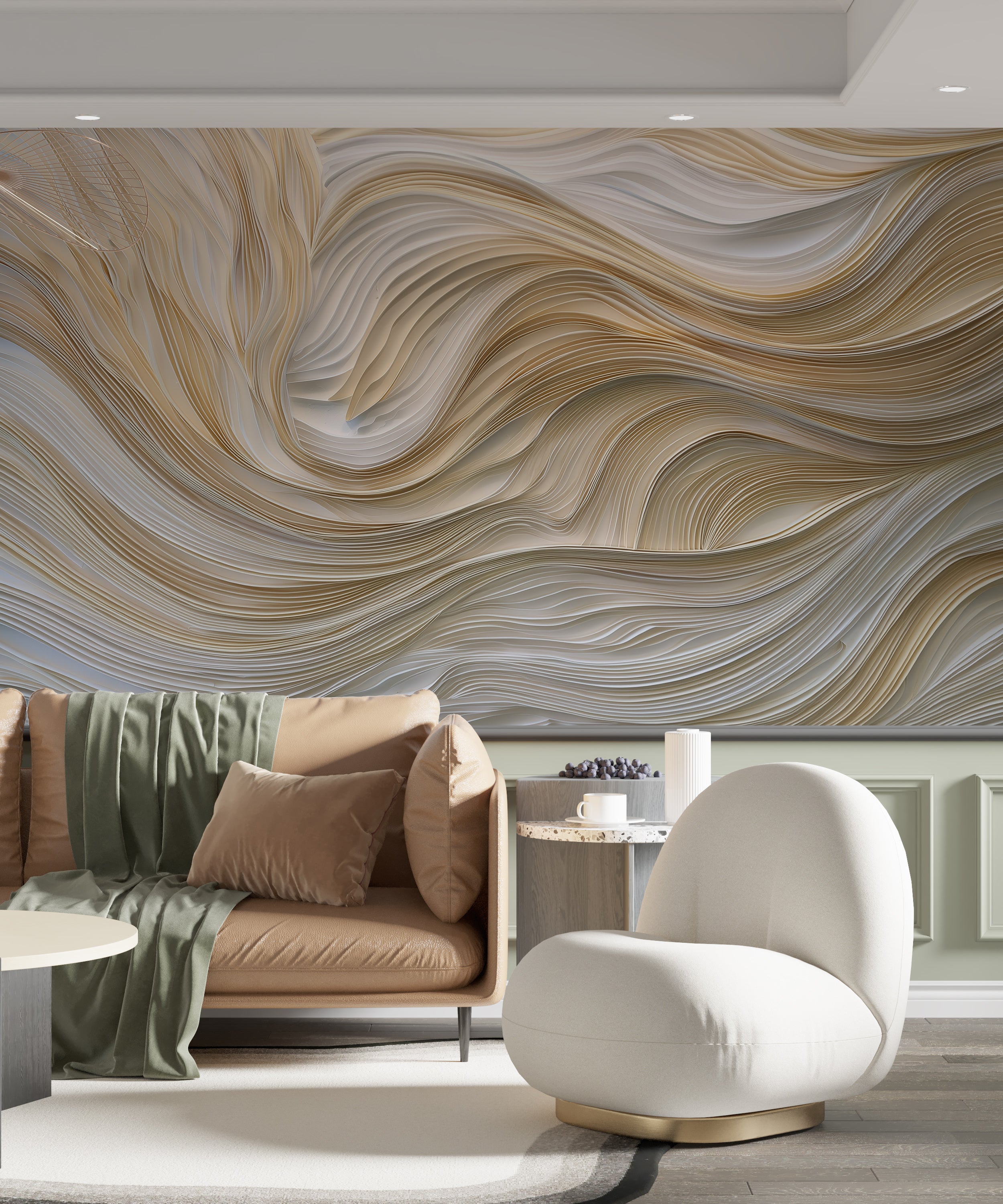 Folded paper style abstract mural
Light beige wavy line art wallpaper