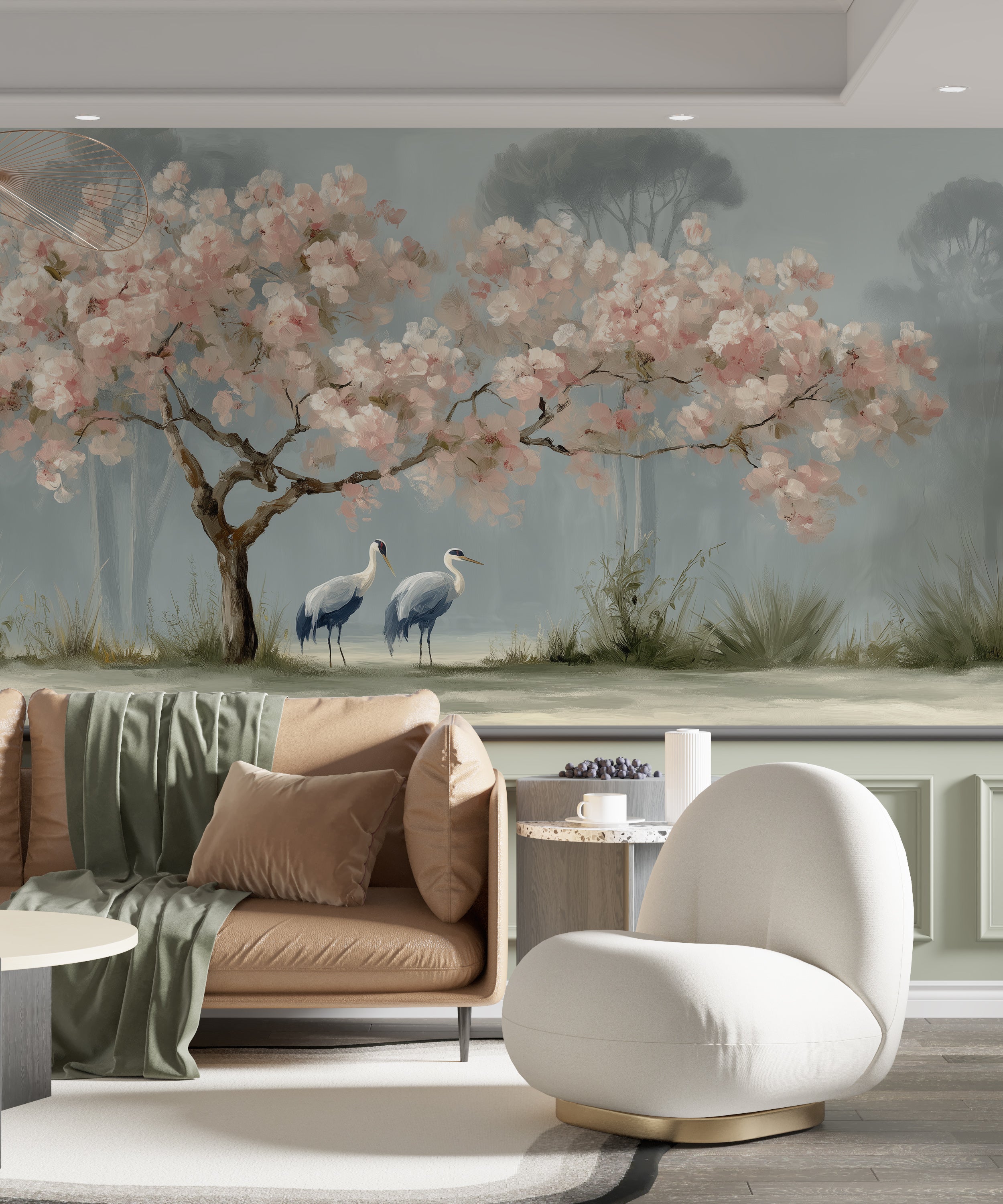 Two cranes under cherry blossom mural
Vintage Japanese style wall mural