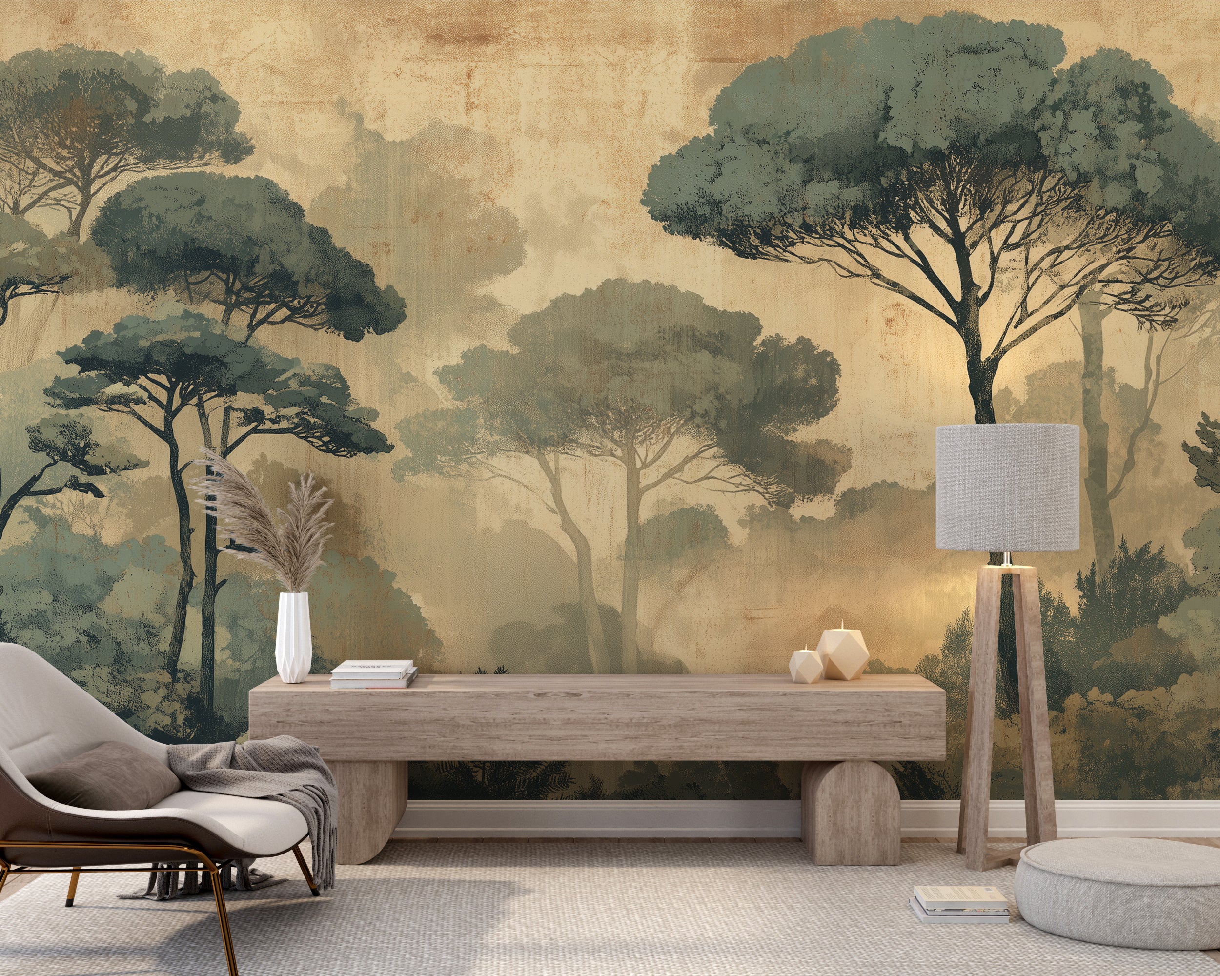 Faded green tropical tree wallpaper
Classic forest scene wall mural