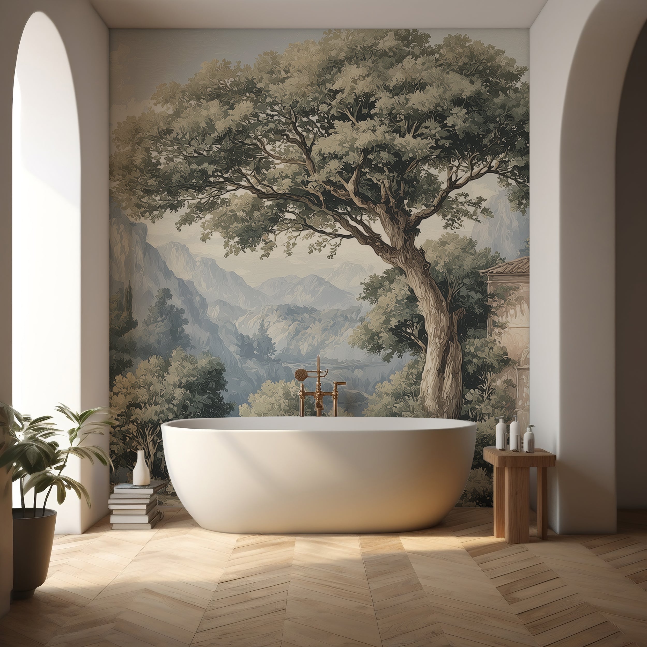 Historical landscape mural with castle and villa
Peel and stick vintage scenic wall art