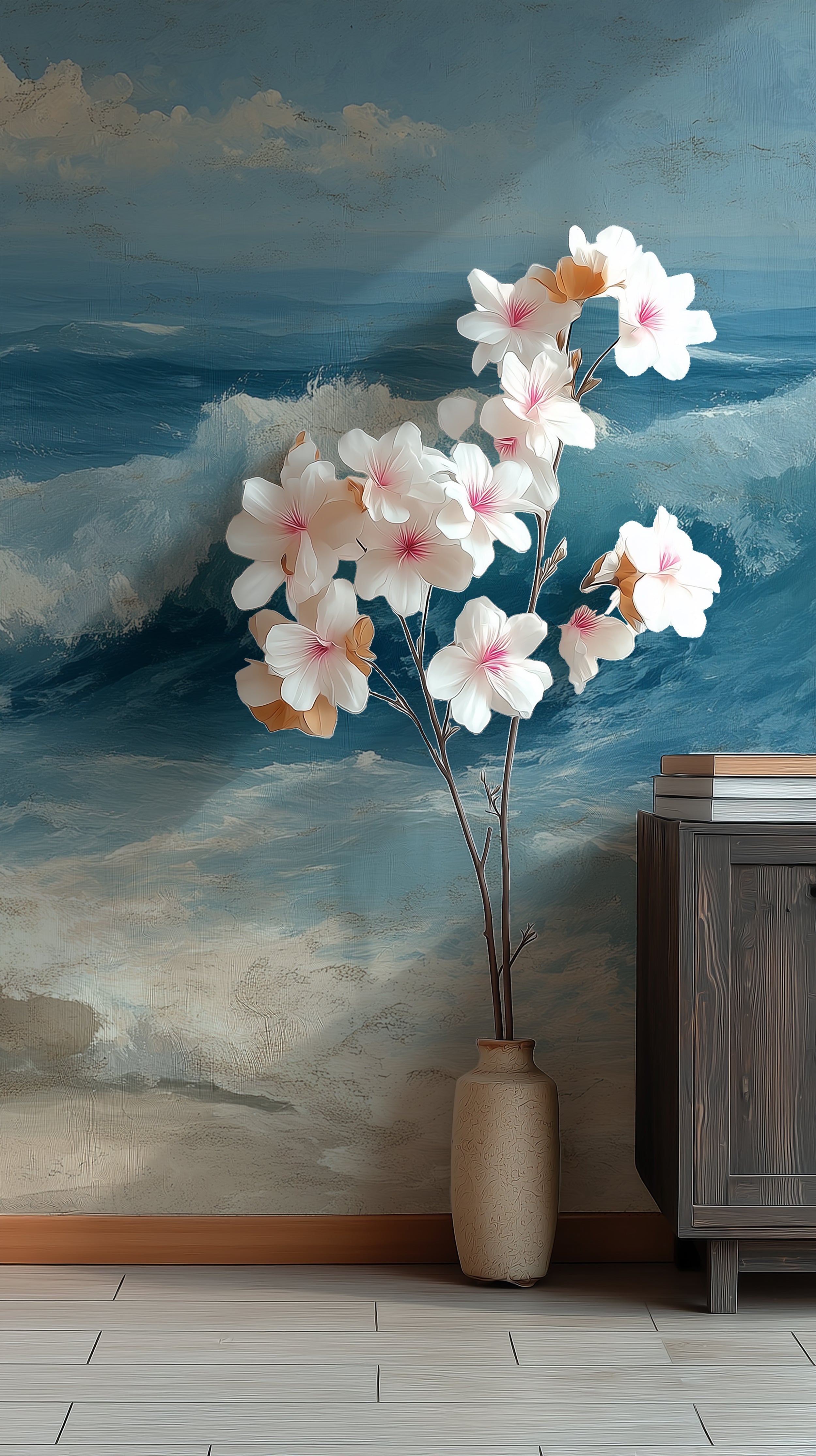 Ocean wave mural in oil painting style
Blue sea wallpaper with crashing waves