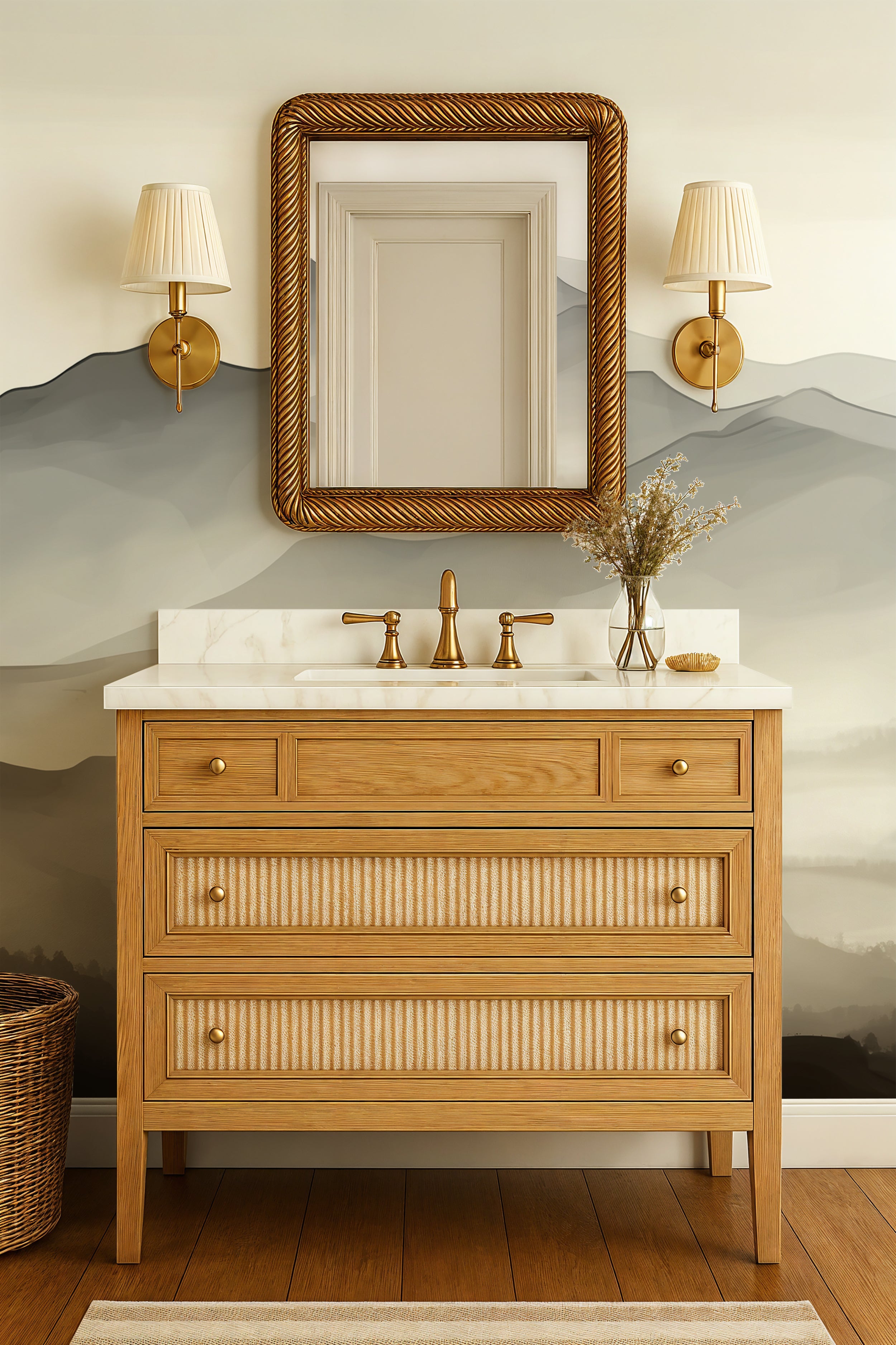 earthy mountain landscape wallpaper
misty hills in muted tones mural