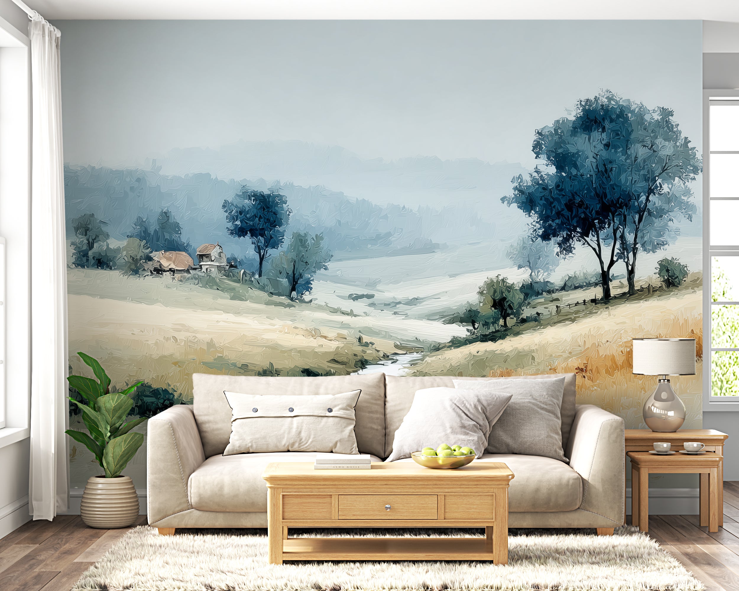 calm farmland wall mural
painterly country view wallpaper