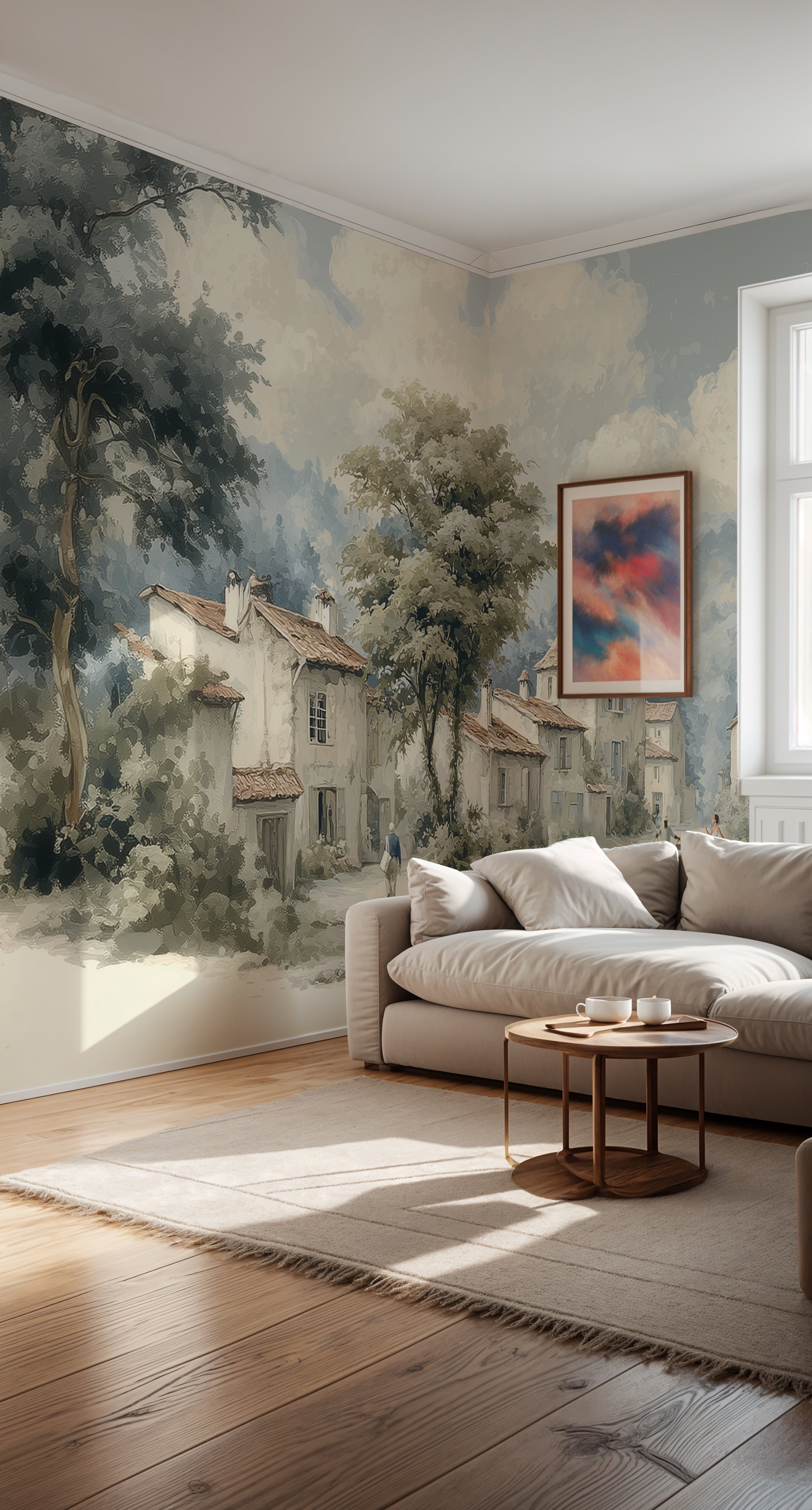 Muted Italian village landscape mural
Soft watercolor mural with old town scene