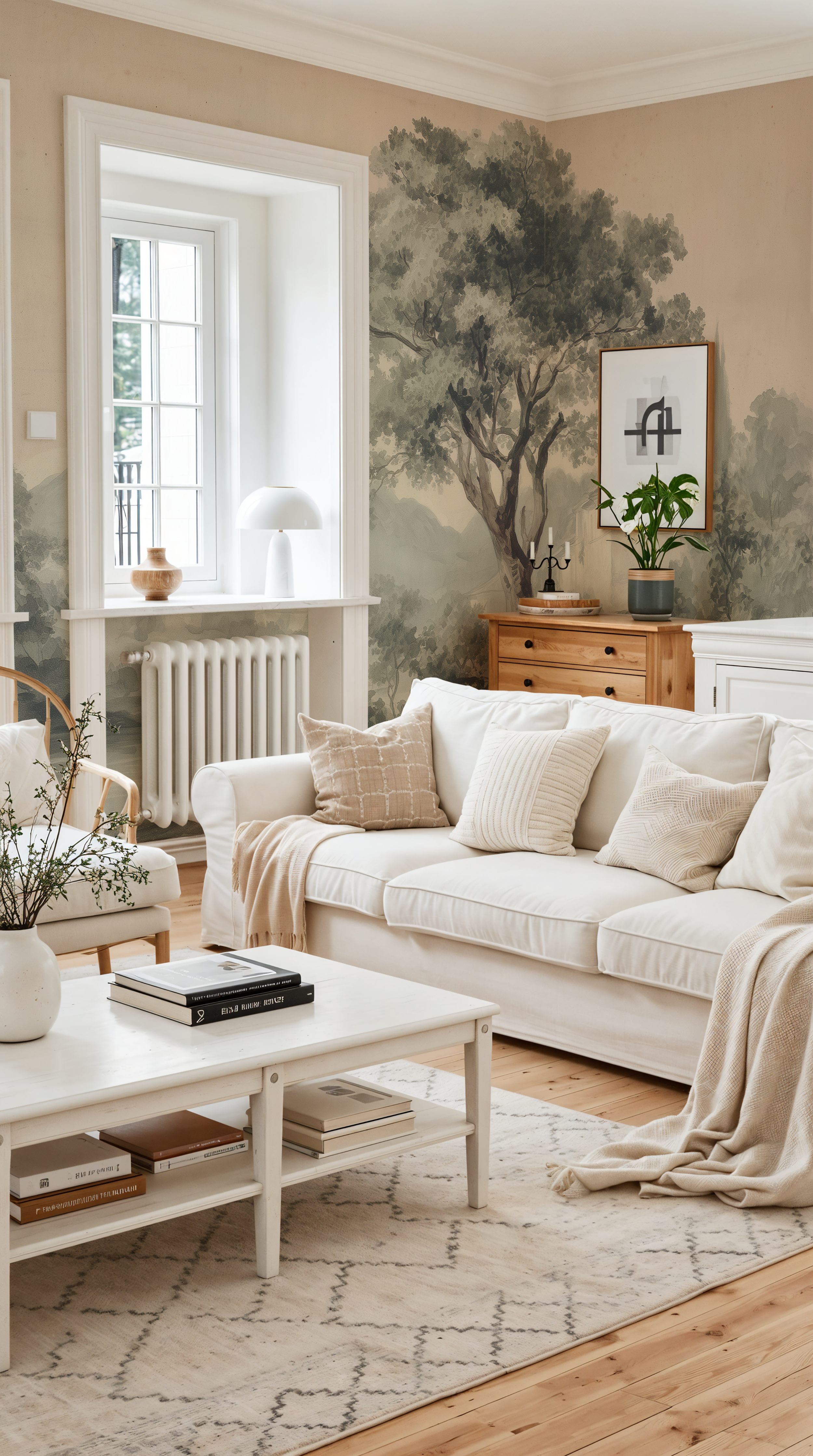 Vintage tree wall mural watercolor style
Soft foggy mountain landscape wallpaper