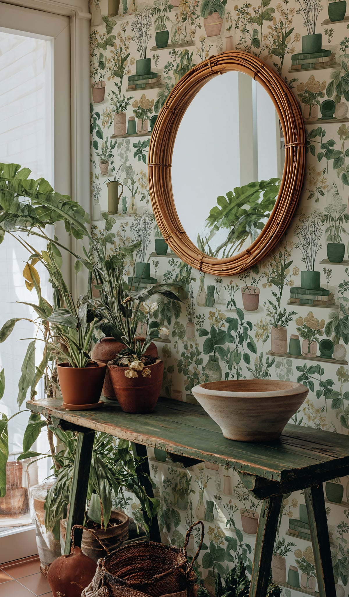 Botanical Cottagecore Wallpaper with Potted Plants and Wildflowers