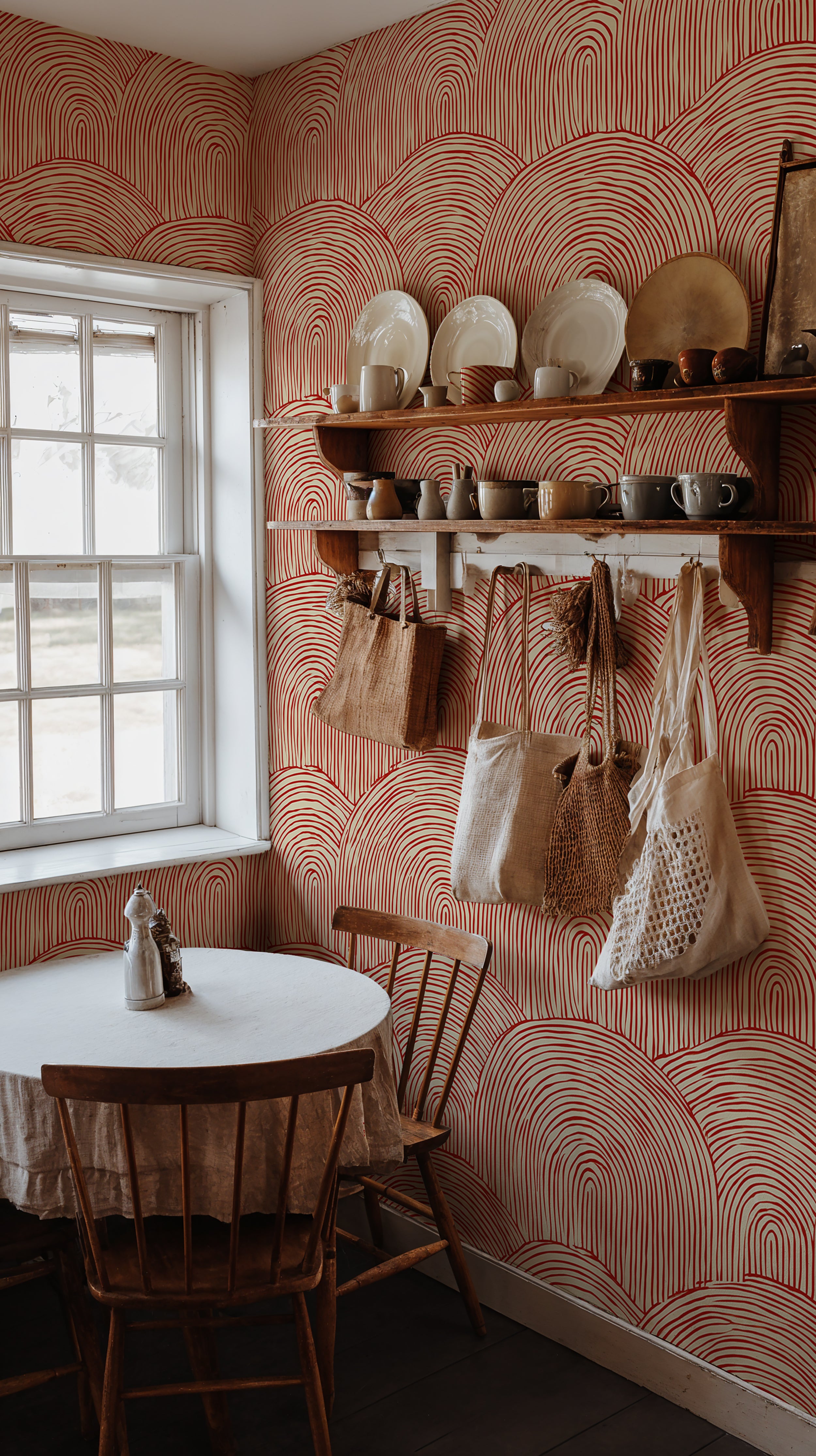 Red line art wallpaper abstract waves
Minimalist ramen pattern wall mural