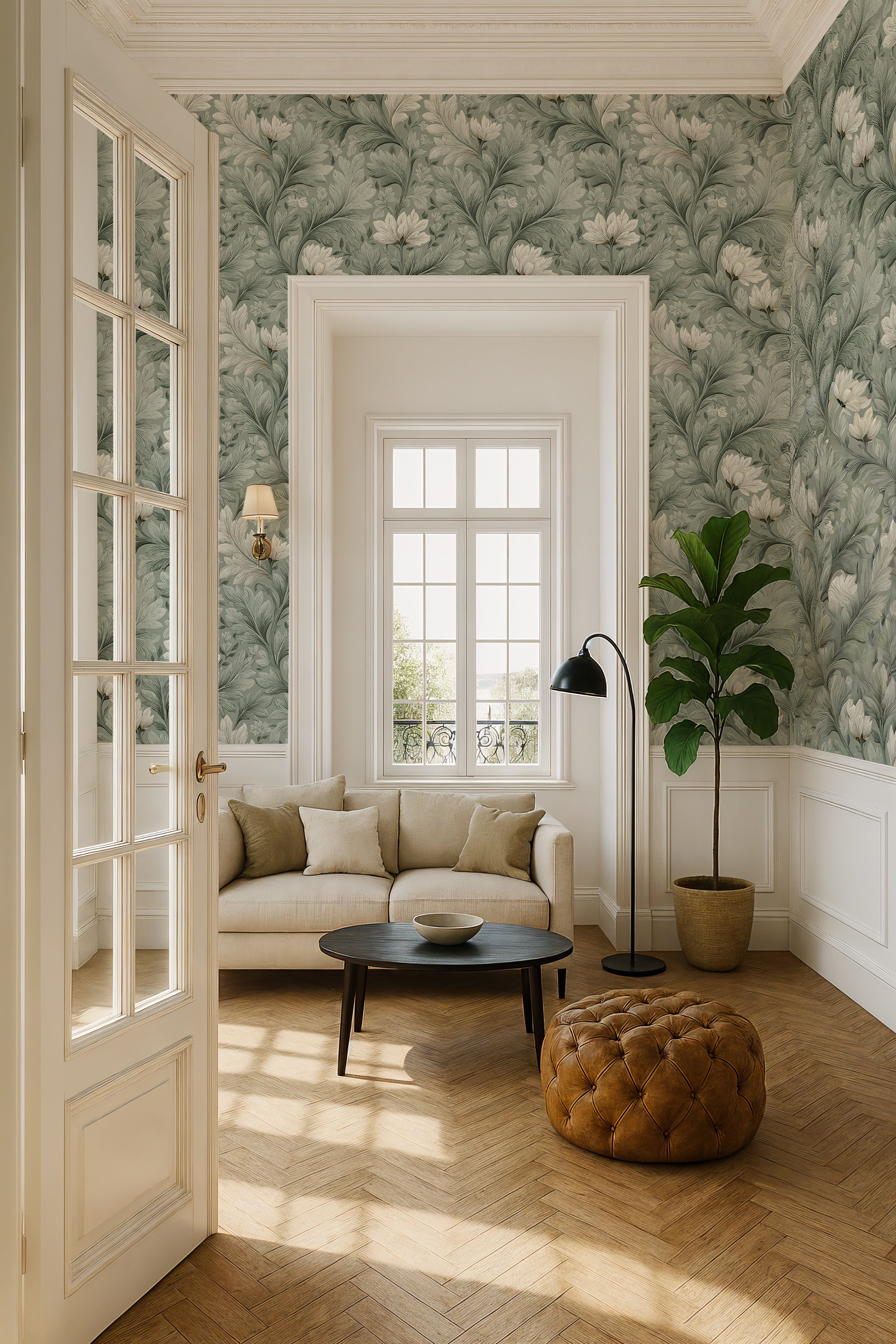 Soft green floral wallpaper pattern
Botanical wallpaper with flowing leaves and white flowers