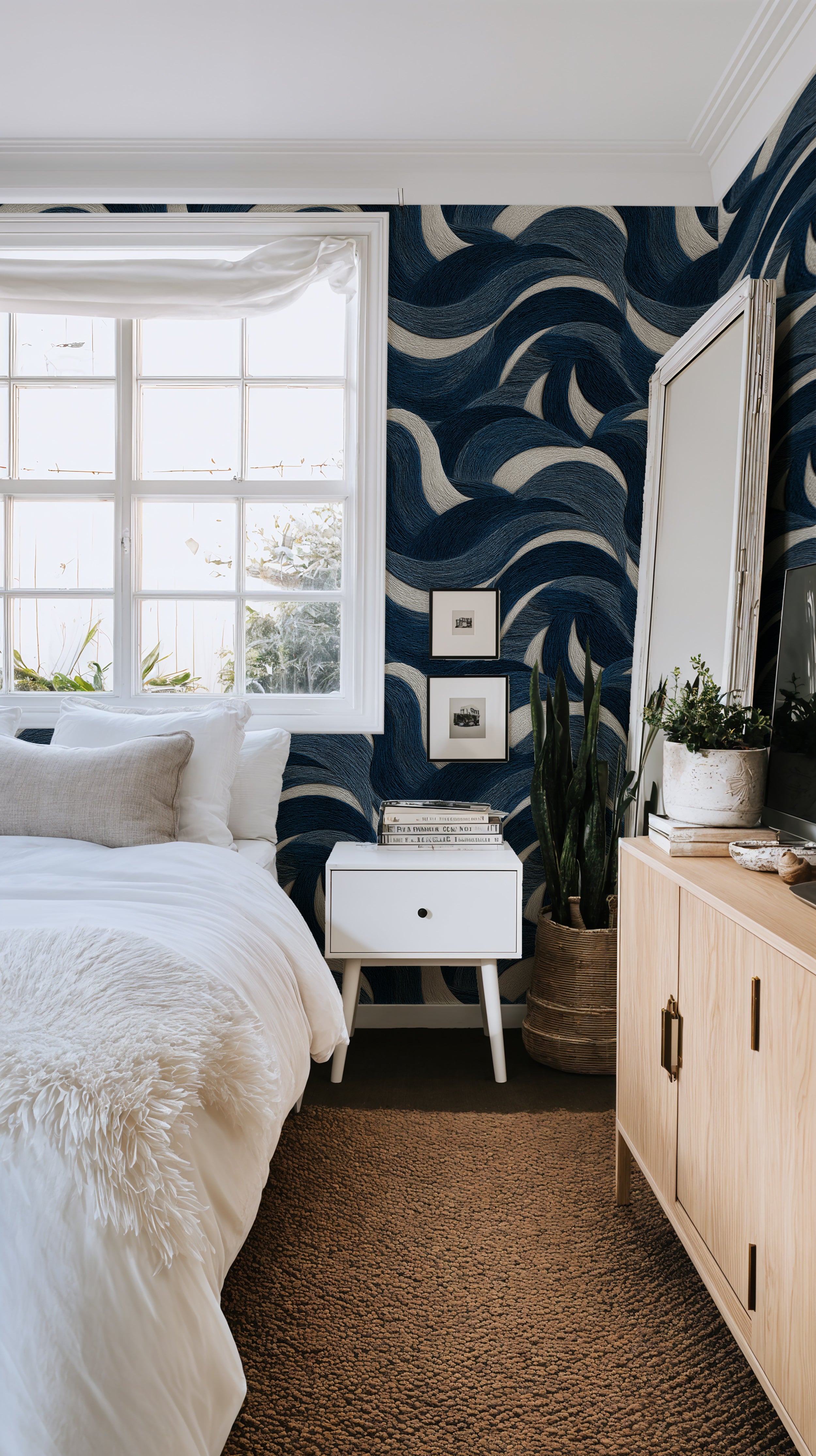 Navy and beige wave wallpaper pattern
Hand drawn curved stripe wallpaper