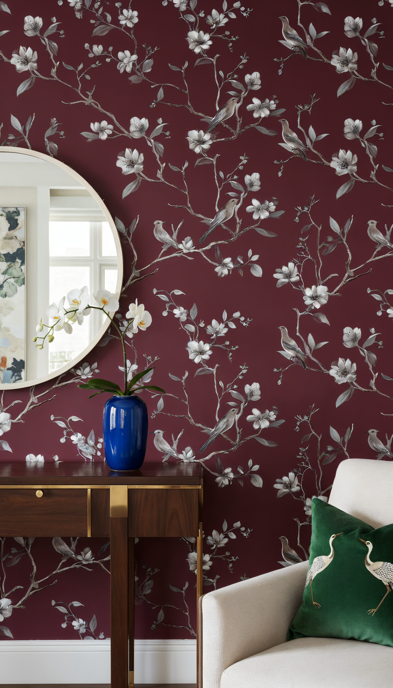 White flower and bird wallpaper on burgundy background
Hand painted floral wallpaper with branches and birds