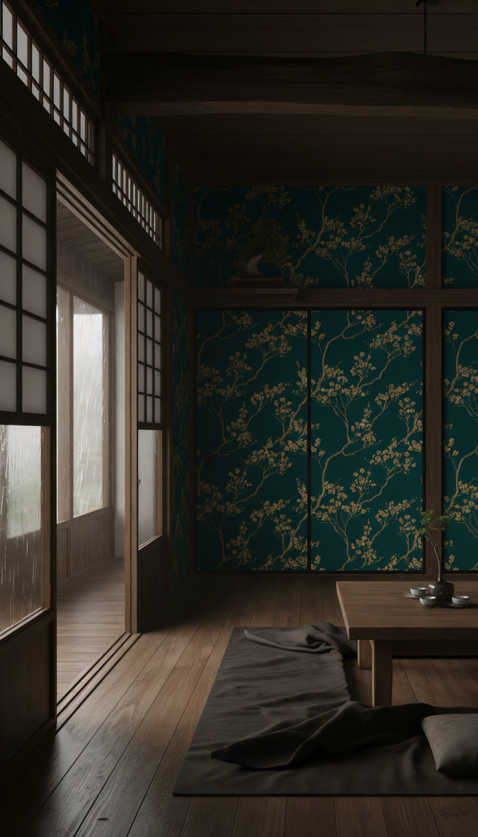 Teal and gold floral wallpaper pattern
Botanical blossom branches on teal background