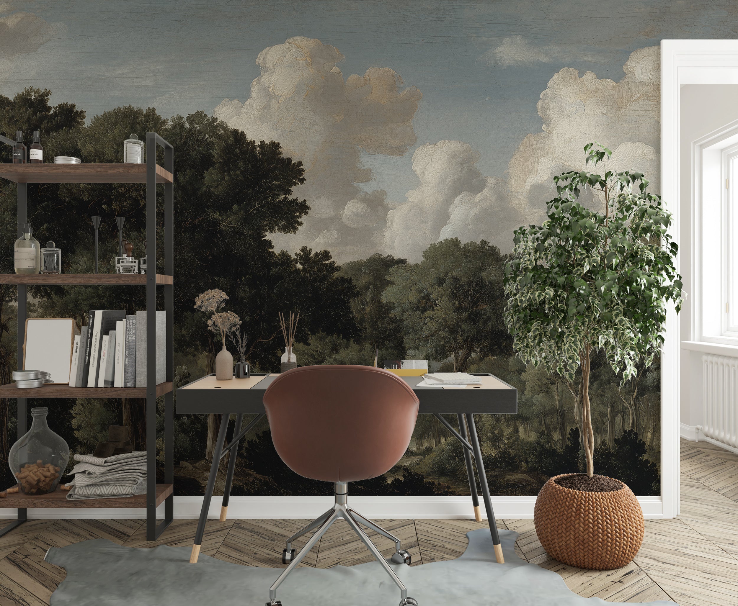 Classic Forest Landscape Wall Mural Vintage Woodland Painting Wallpaper Scenic Nature Trees Sky Cloud Panoramic Wall Art